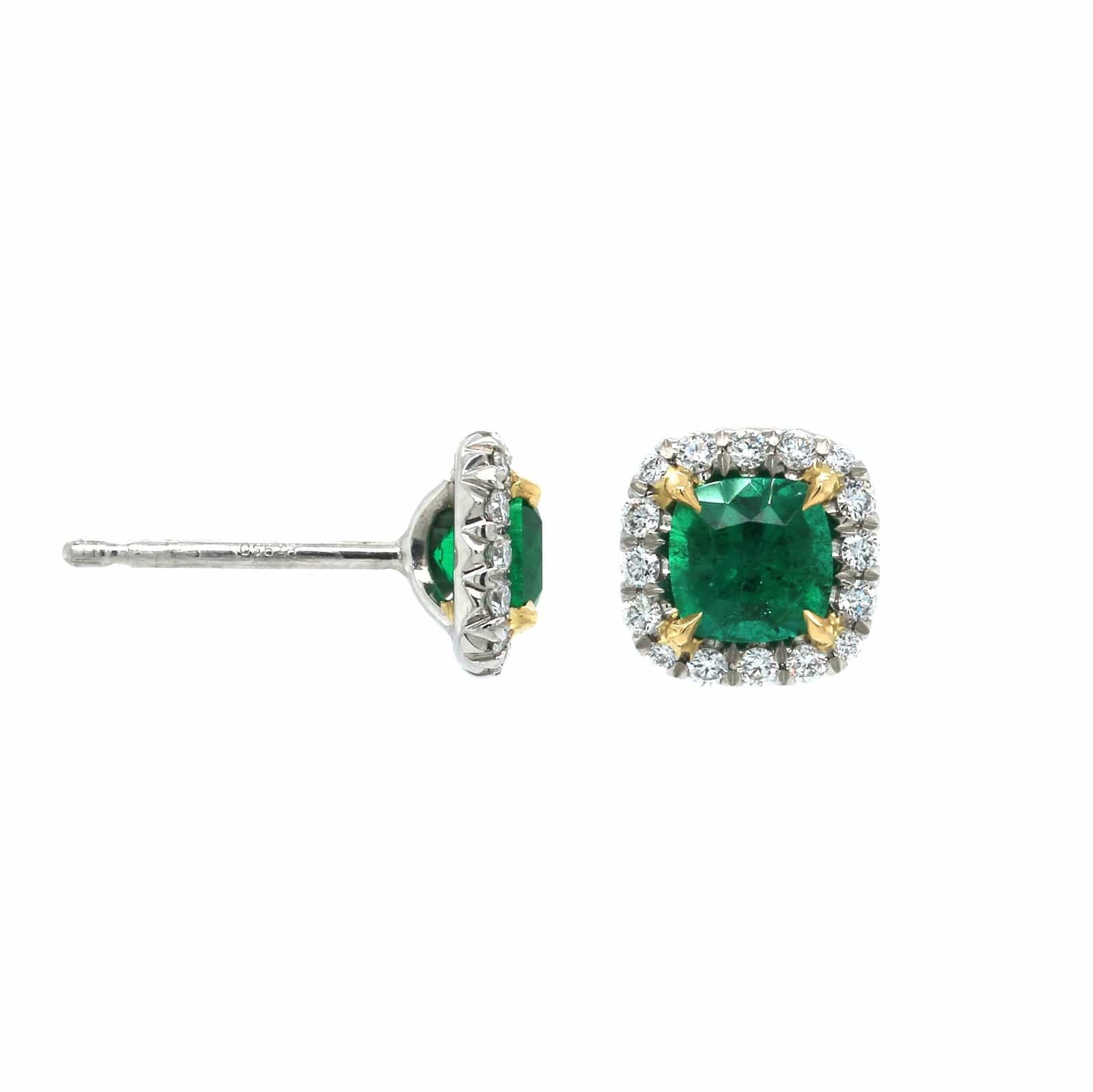 Platinum Cushion Emerald Diamond Halo Stud Earrings - Image 3