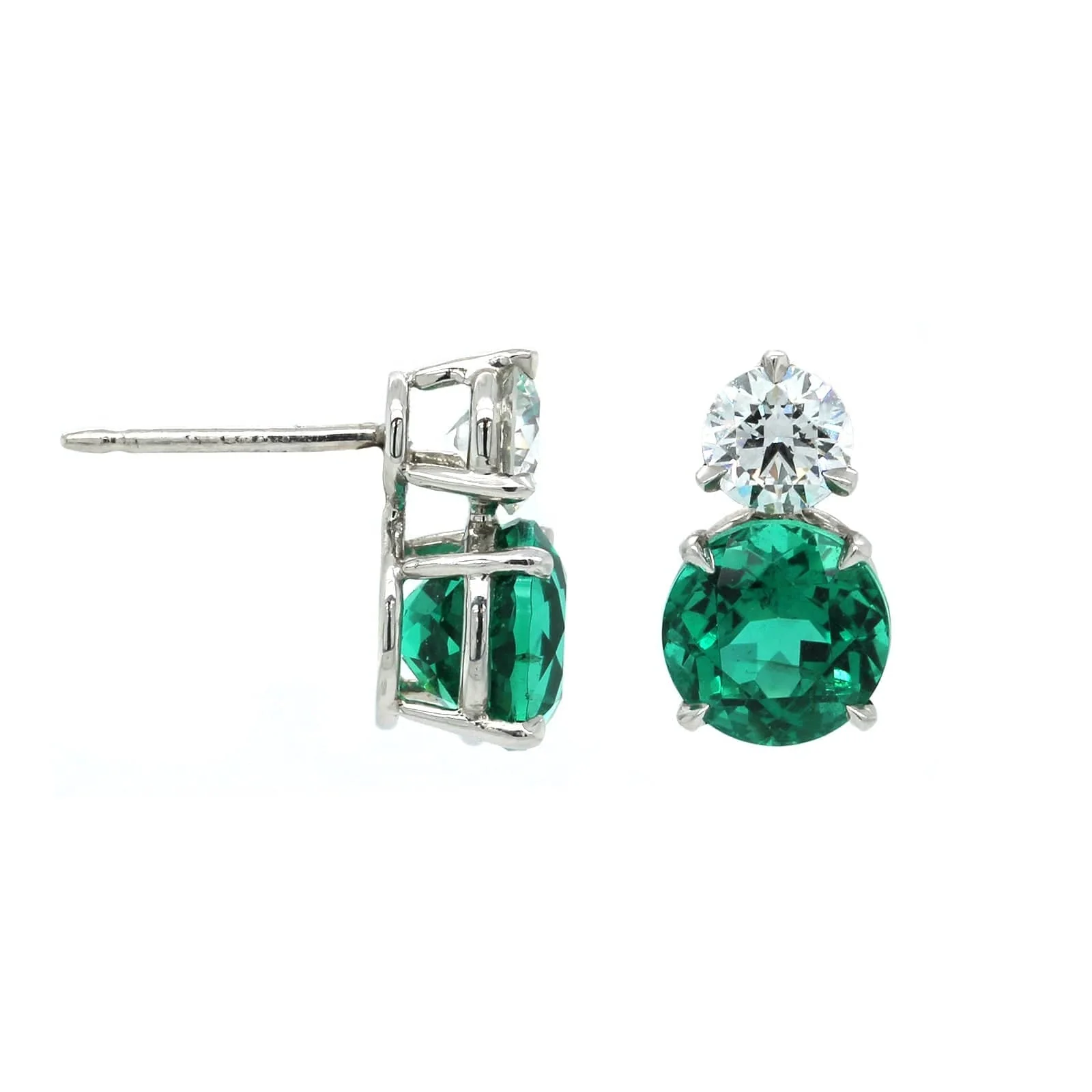 Platinum Emerald and Diamond Stud Earrings - Image 3