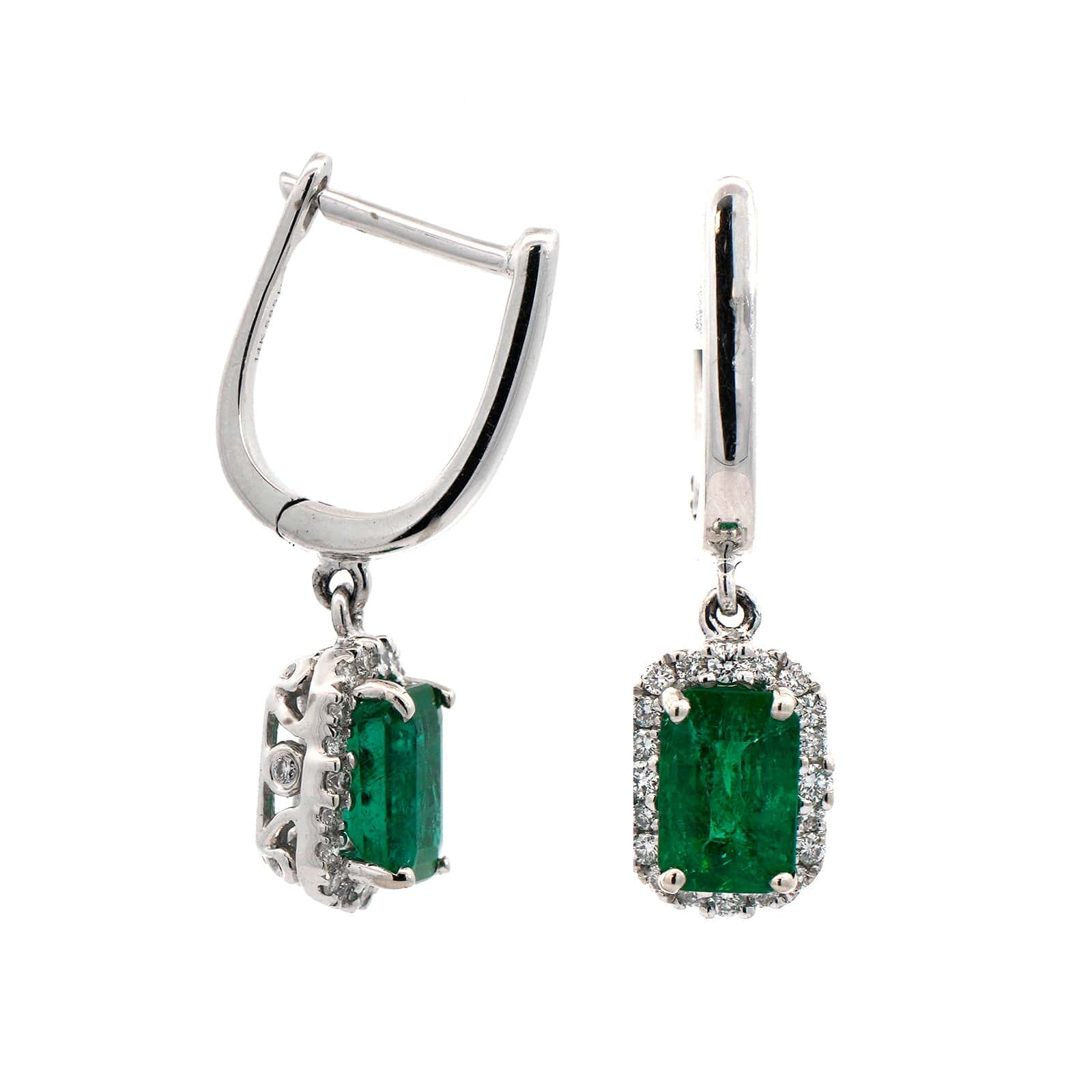 18K White Gold Emerald and Diamond Halo Earrings