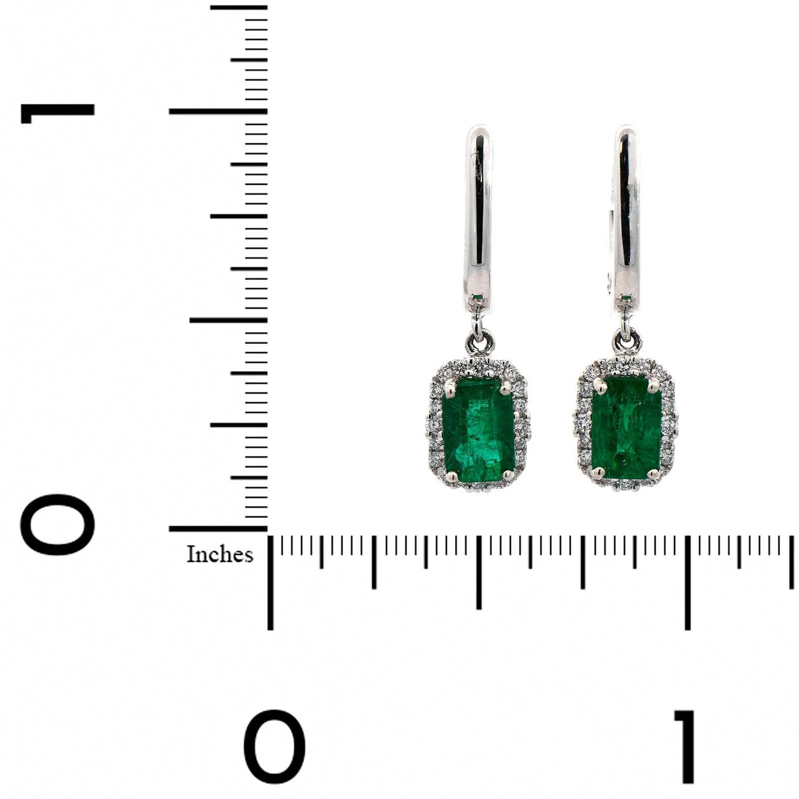18K White Gold Emerald and Diamond Halo Earrings - Image 2