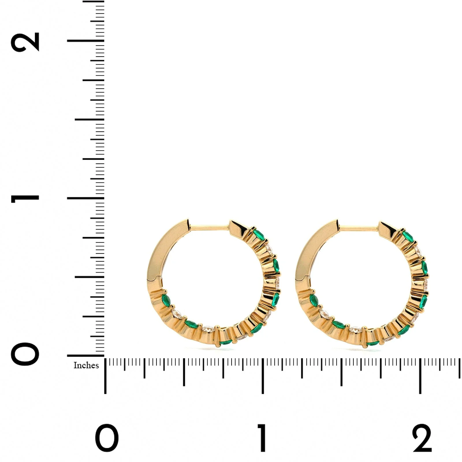 14K Yellow Gold Emerald and Diamond Hoop Earrings - Image 2