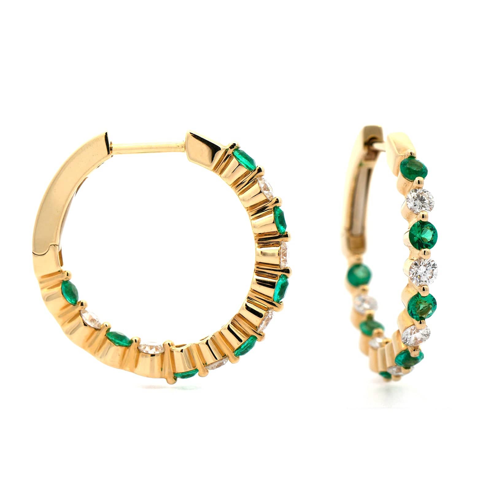 14K Yellow Gold Emerald and Diamond Hoop Earrings - Image 3