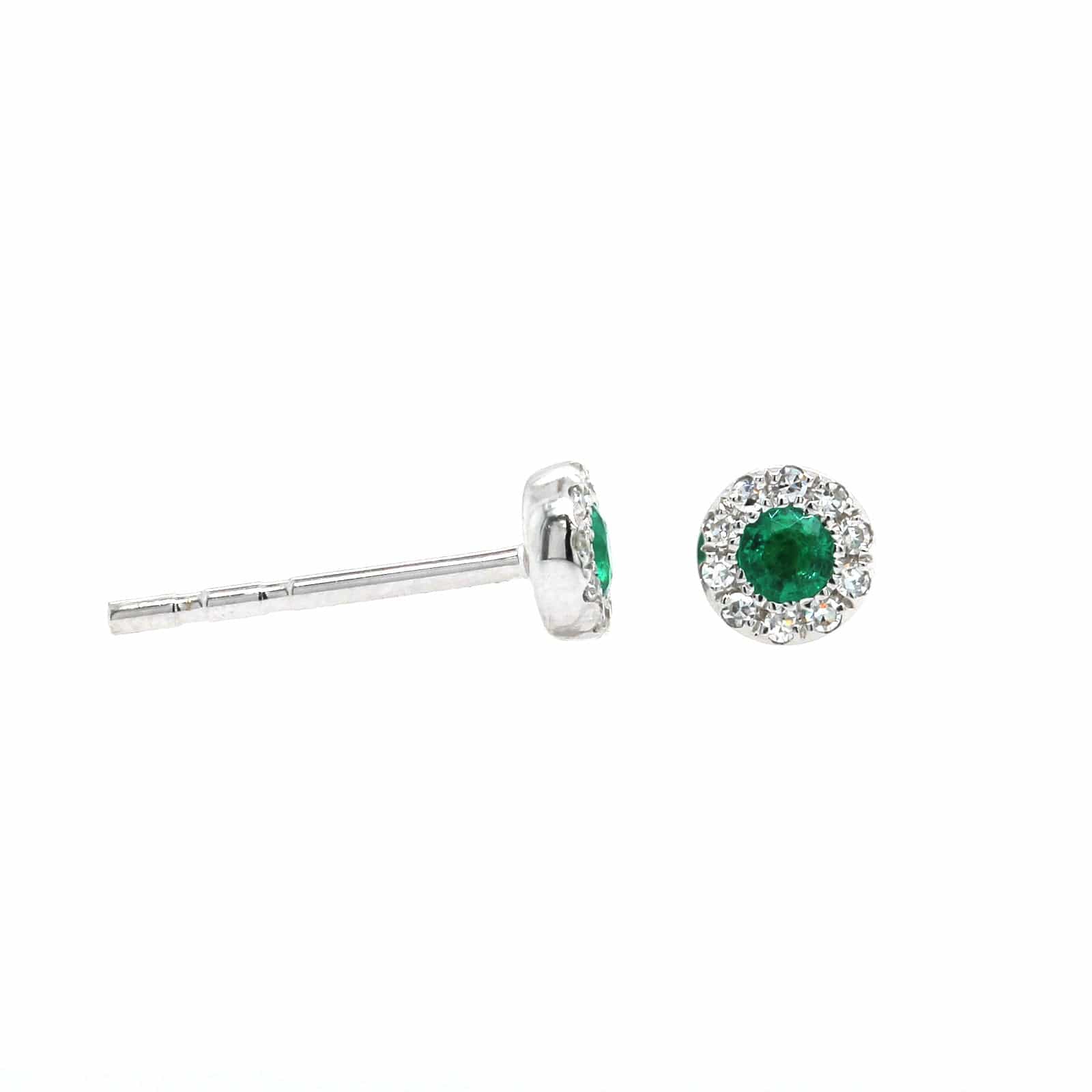 14K White Gold Diamond and Round Emerald Halo Stud Earrings - Image 2