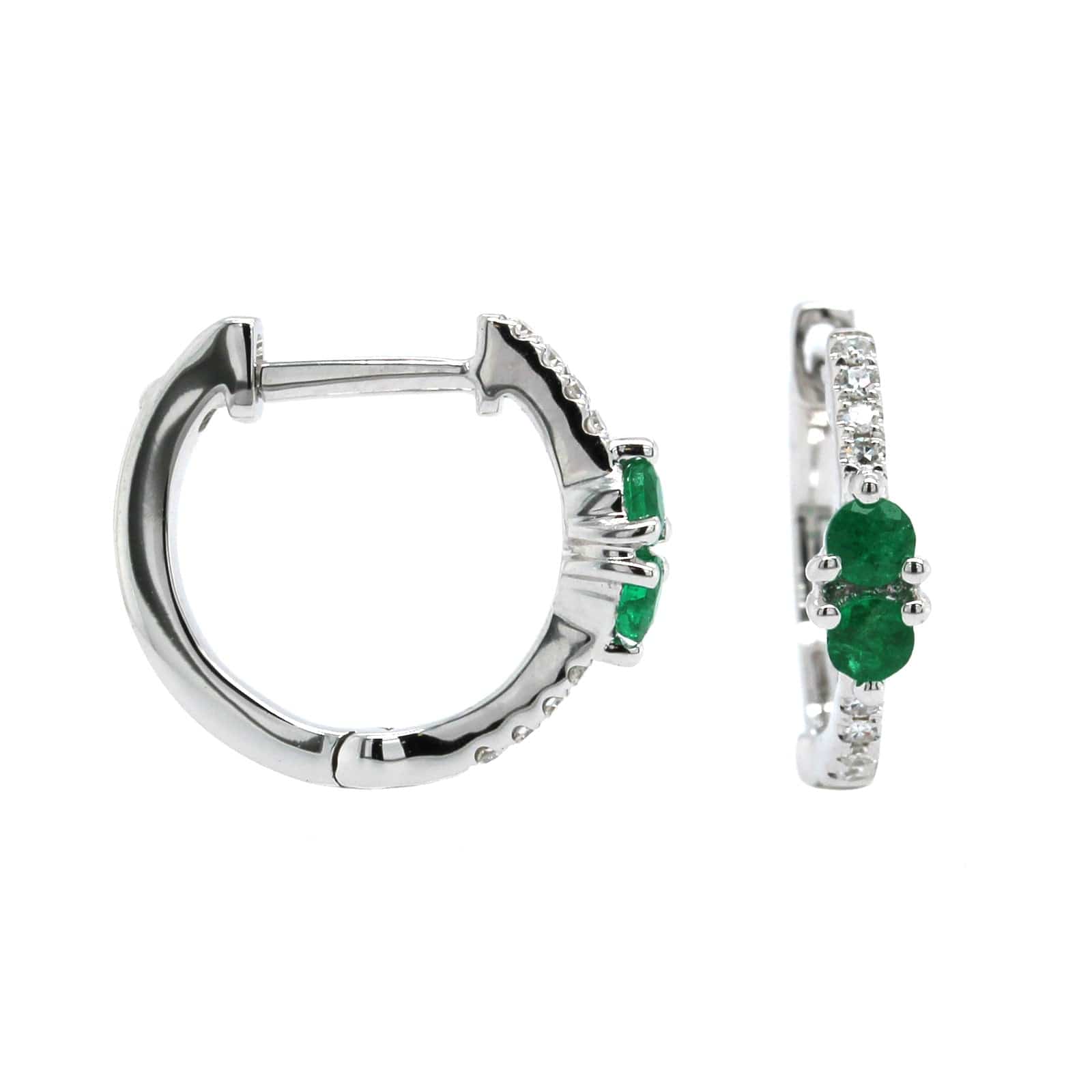 14K White Gold Diamond & Emerald Huggie Earrings - Image 2