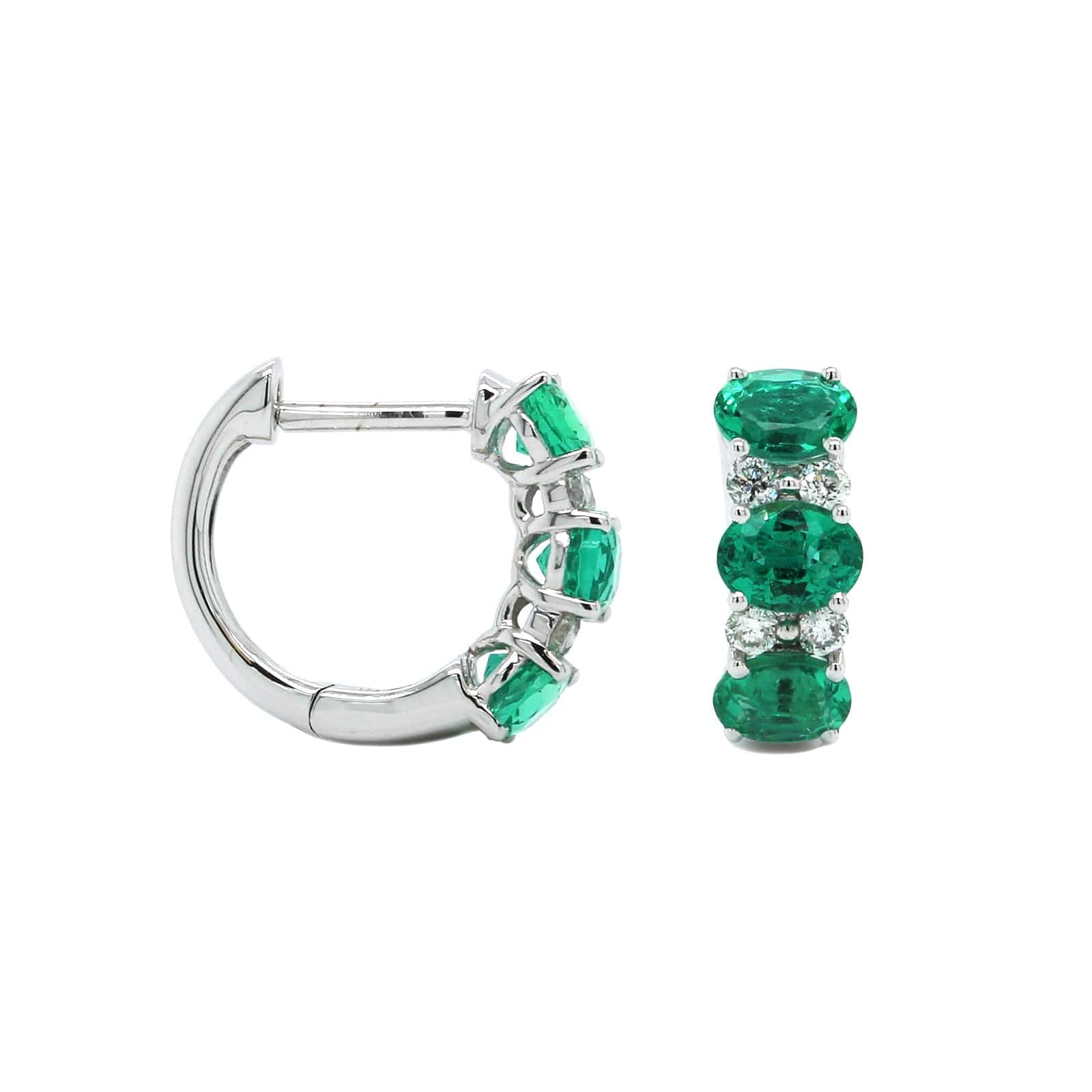 14K White Gold Alternating Diamond & Emerald Huggie Earrings - Image 3