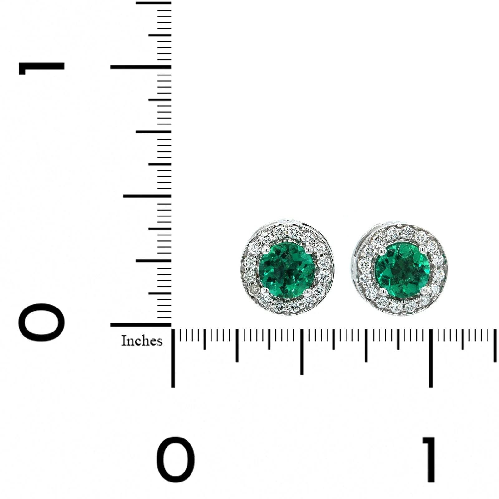 18K White Gold Round Emerald and Diamond Halo Stud Earrings - Image 2