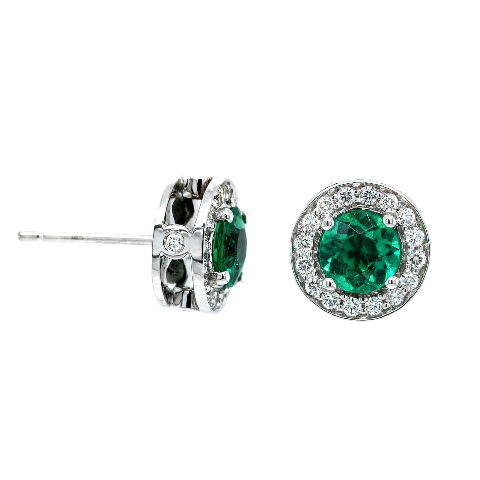 18K White Gold Round Emerald and Diamond Halo Stud Earrings - Image 3