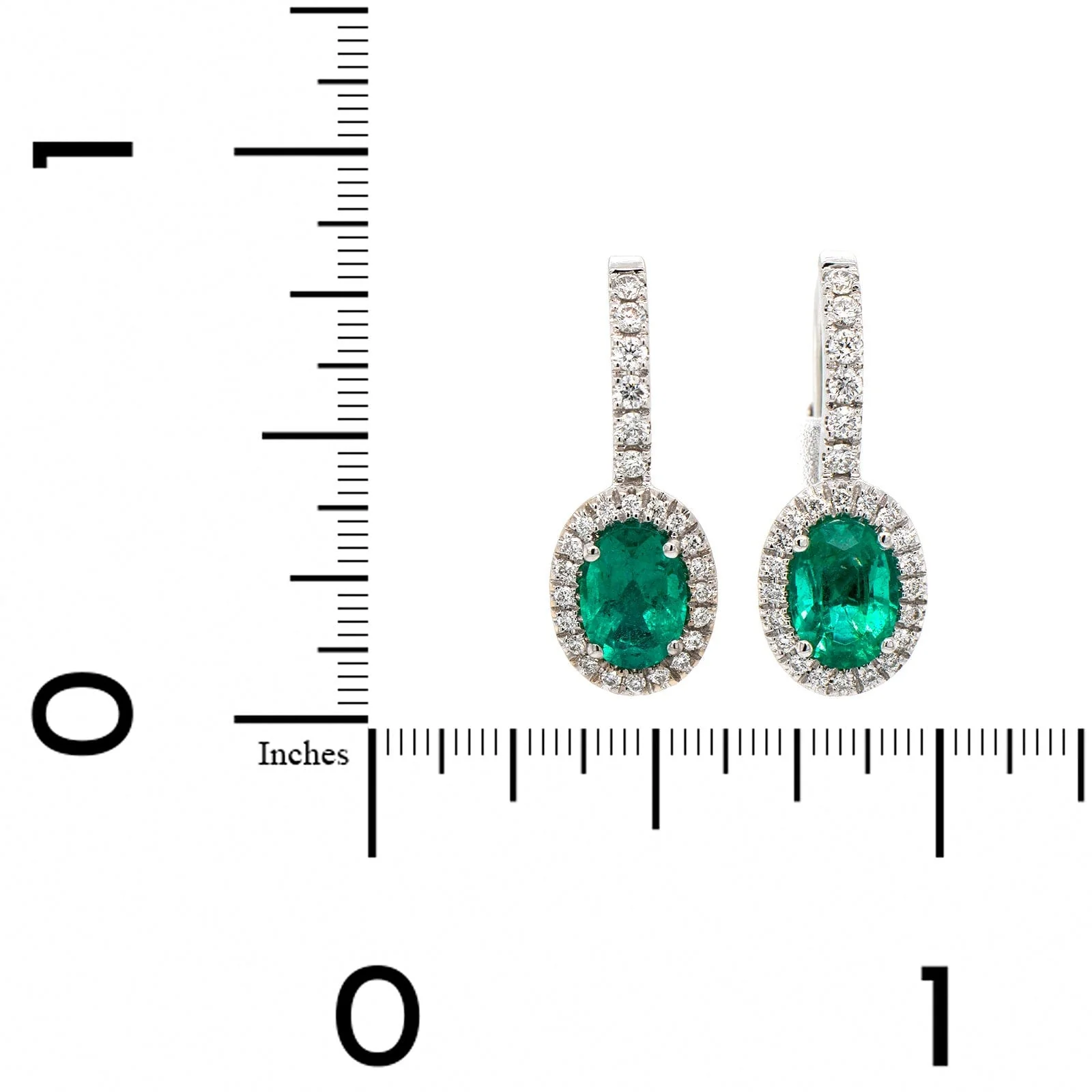 18K White Gold Oval Emerald and Diamond Halo Earrings - Image 2