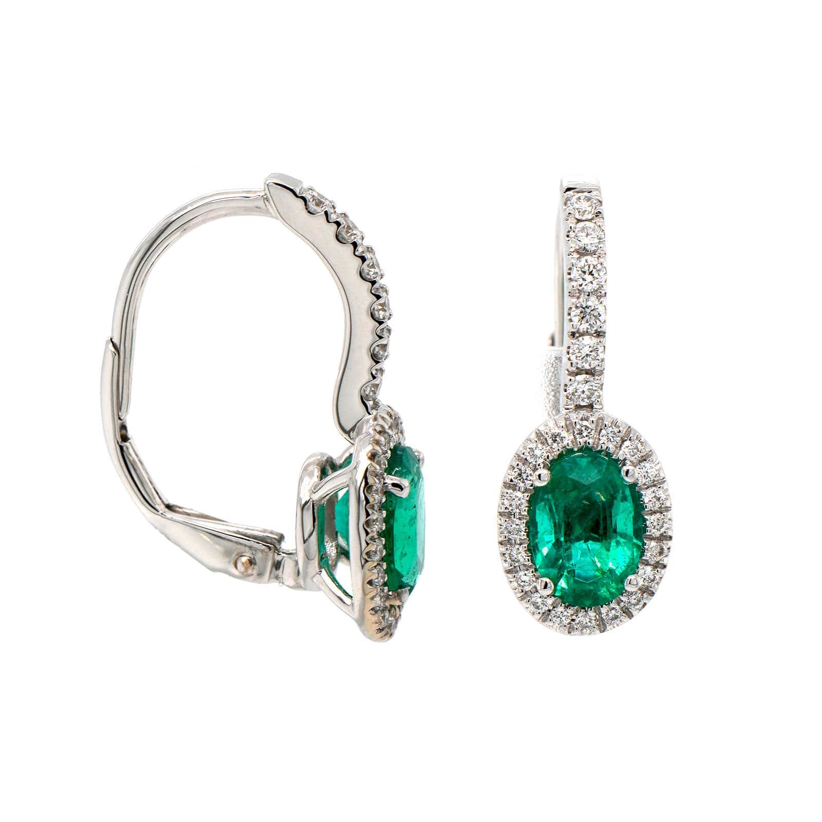 18K White Gold Oval Emerald and Diamond Halo Earrings - Image 3