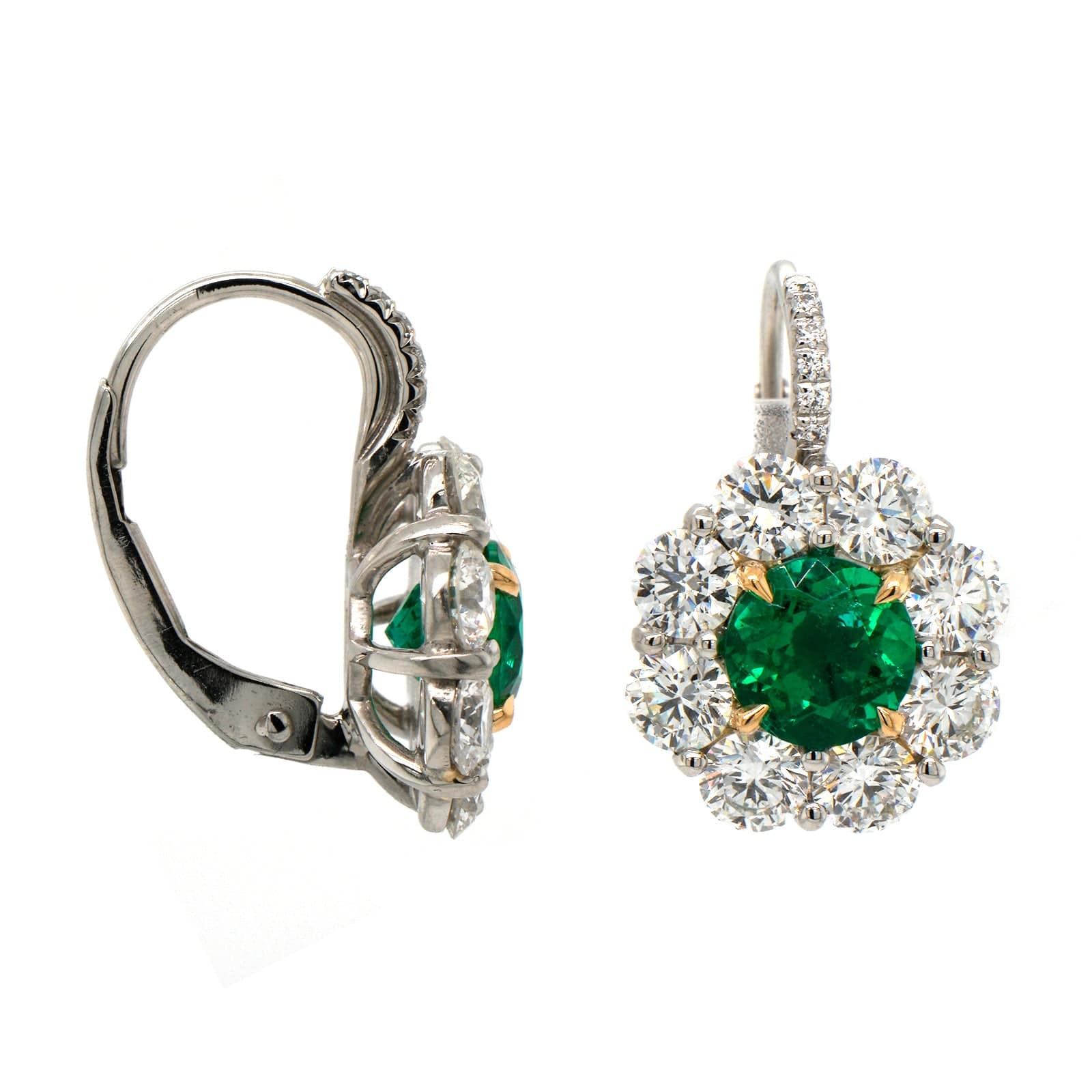 Platinum Handmade Diamond & Emerald Earrings - Image 3