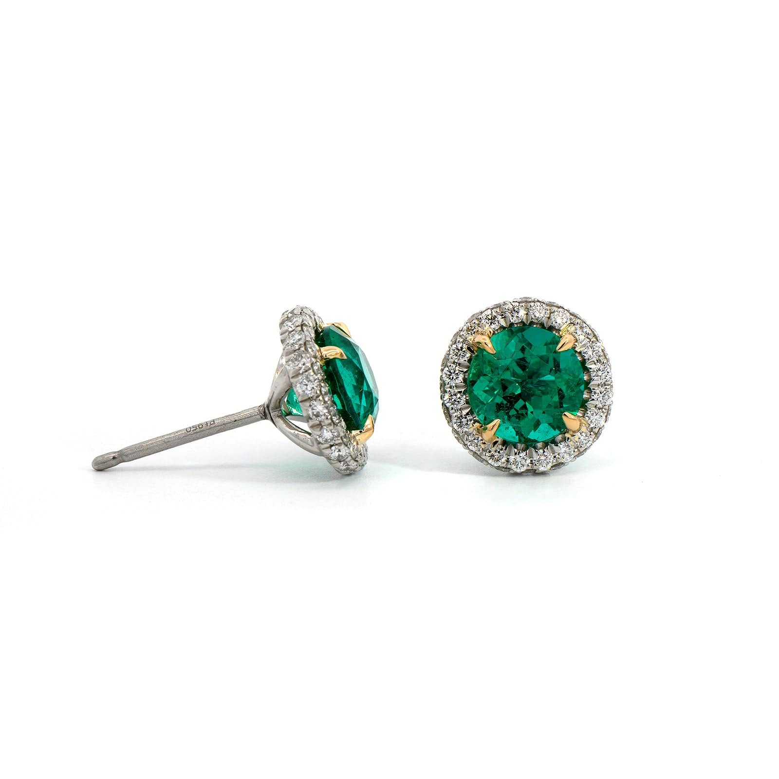 Platinum Round Emerald & Diamond Halo Stud Earrings - Image 3