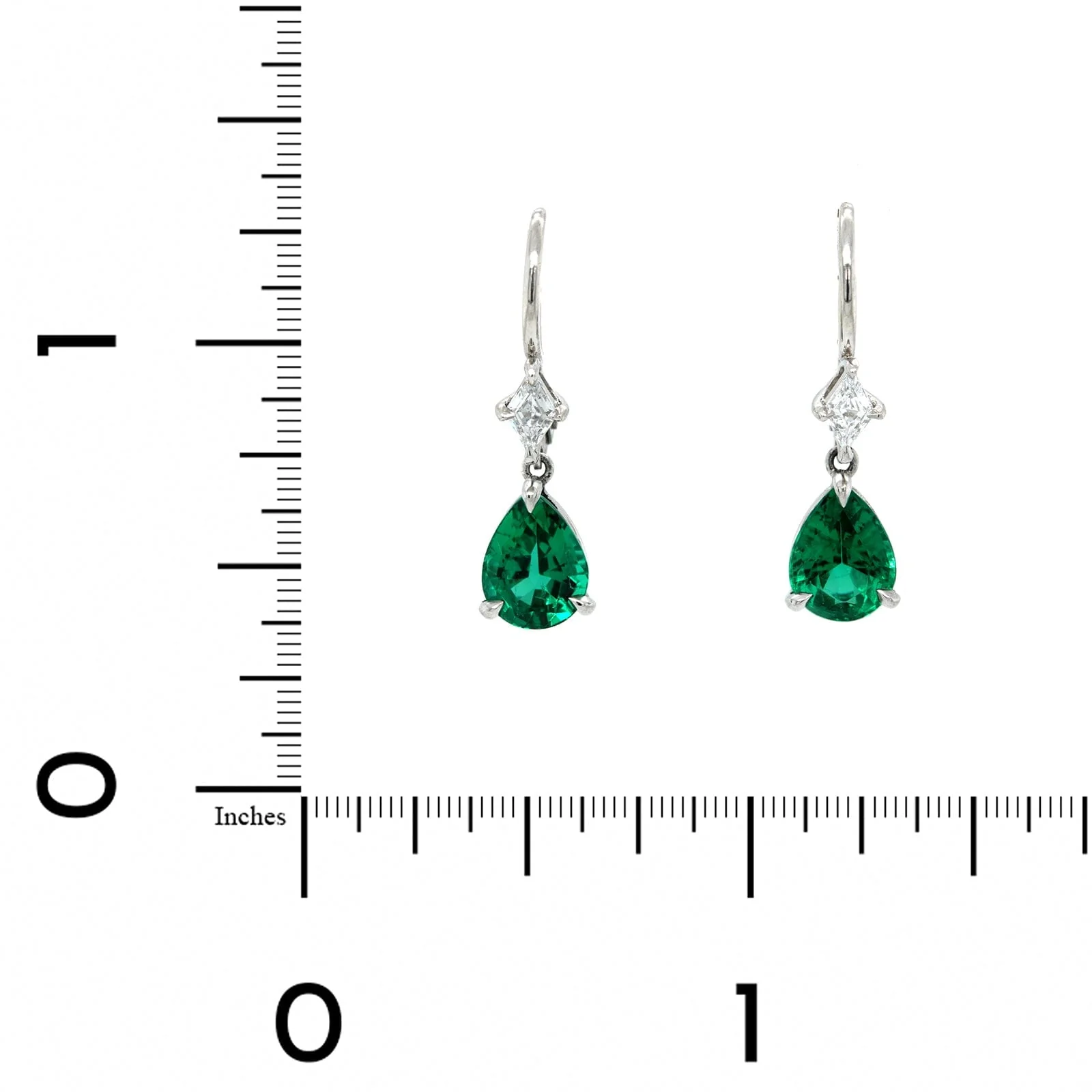 Platinum Diamond & Pear Shaped Emerald Dangle Earrings - Image 2