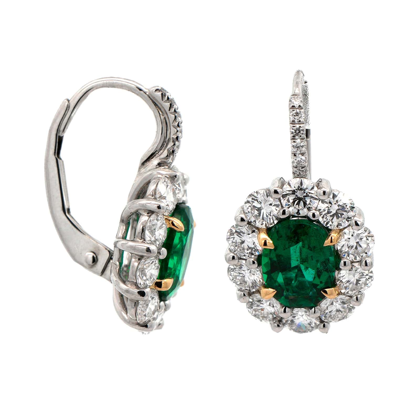 Platinum Handmade Diamond & Emerald Earrings - Image 3