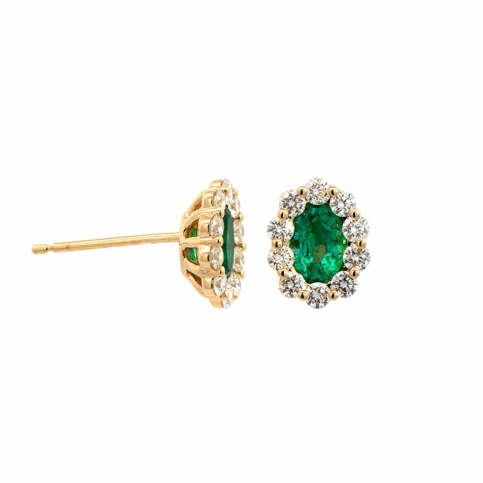 14K Yellow Gold Oval Emerald and Diamond Halo Stud Earrings - Image 3