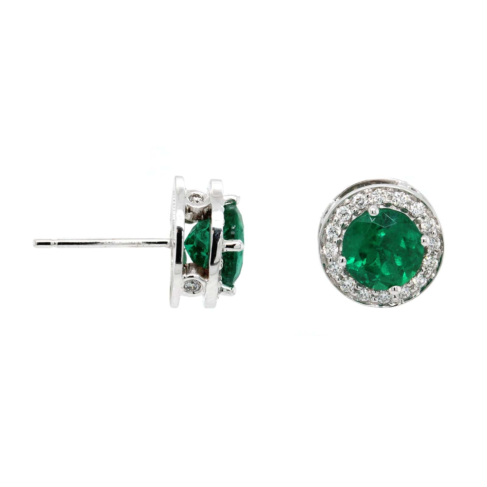 18K White Gold Round Emerald and Diamond Halo Stud Earrings