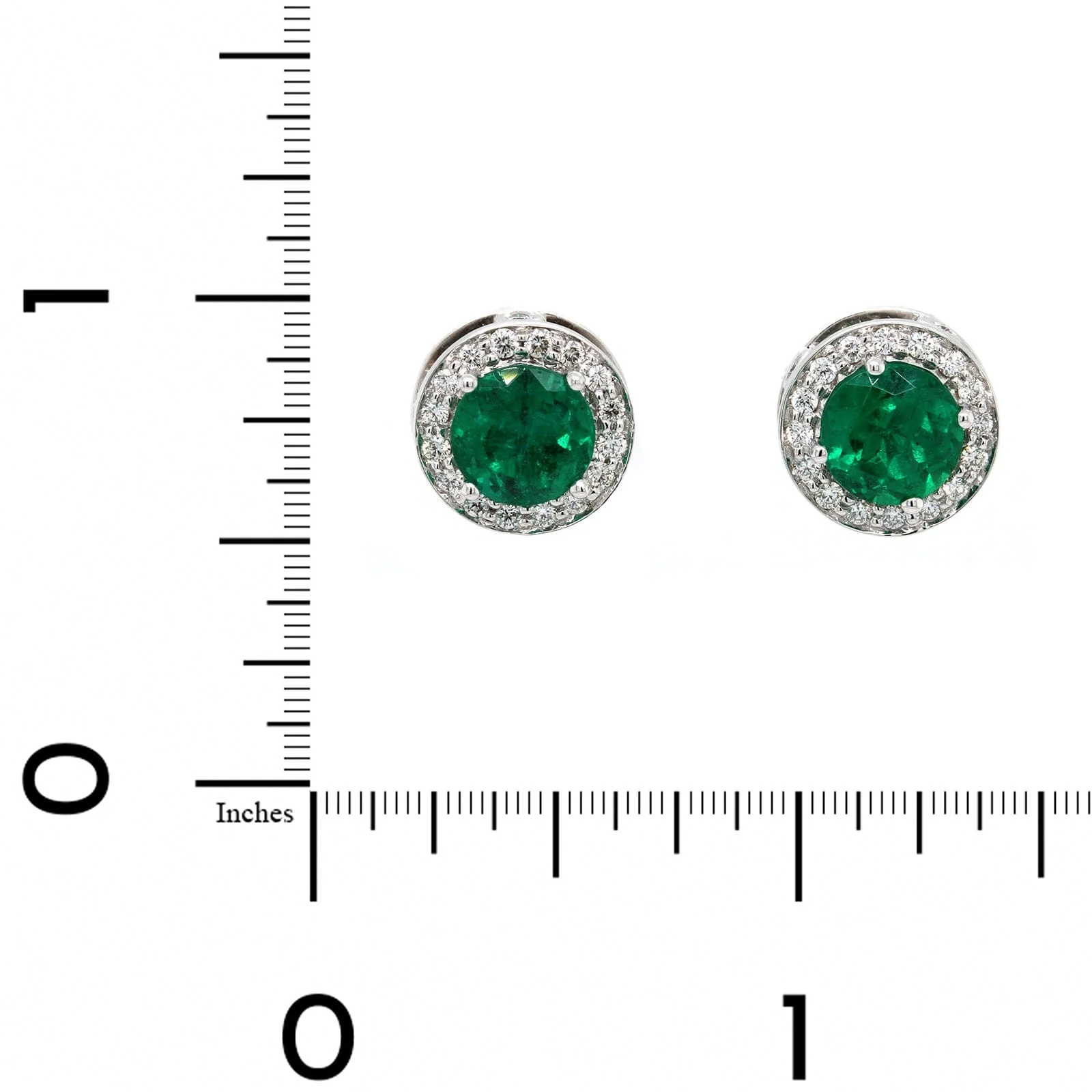 18K White Gold Round Emerald and Diamond Halo Stud Earrings - Image 2