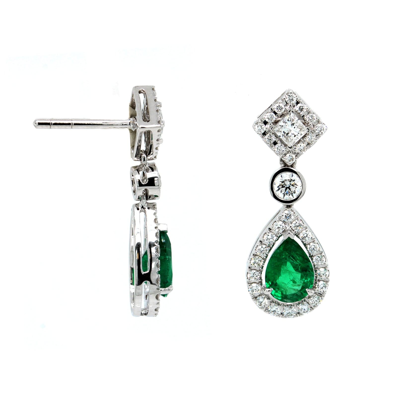 18K White Gold Pear Shaped Emerald and Round Diamond Drop Earrings