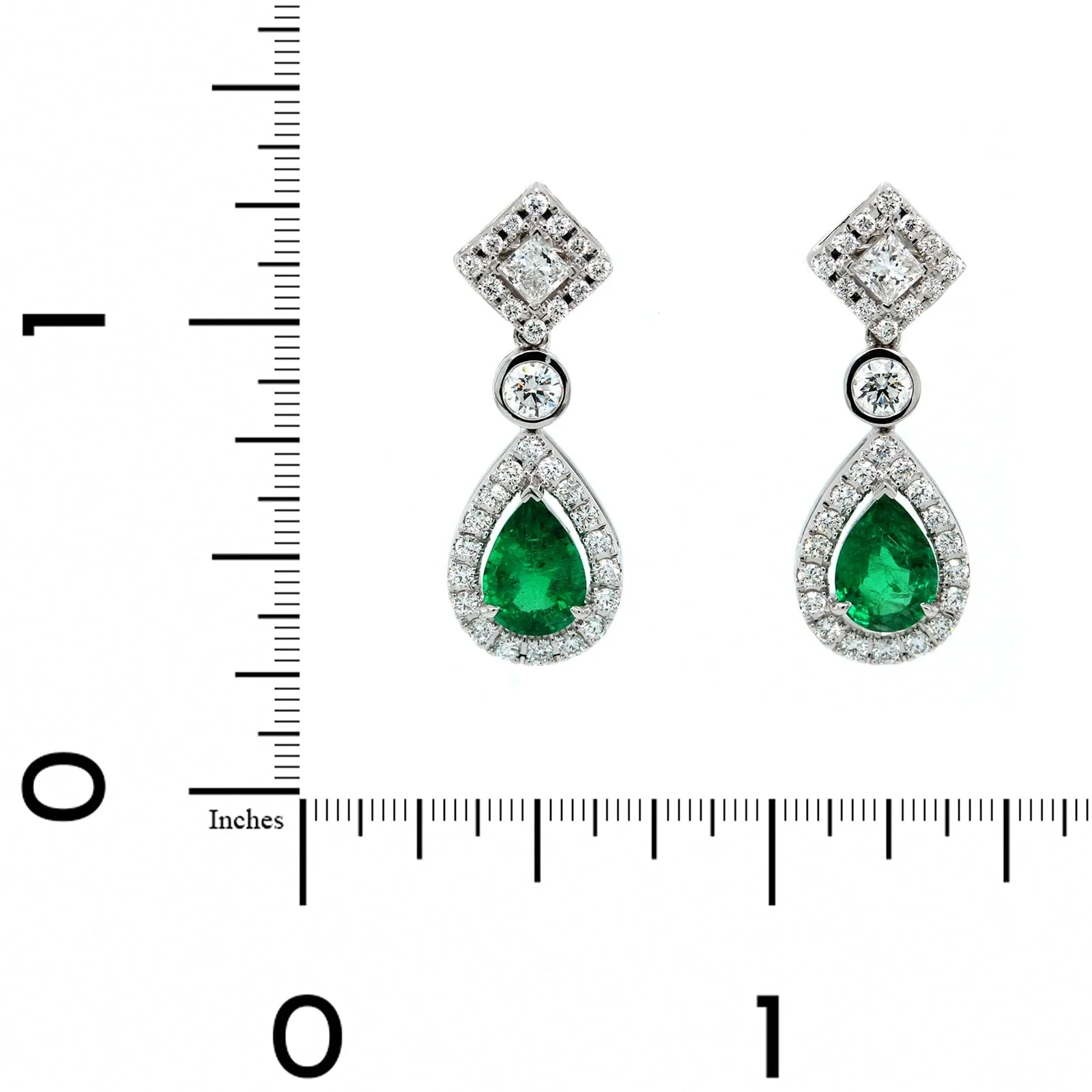 18K White Gold Pear Shaped Emerald and Round Diamond Drop Earrings - Image 2