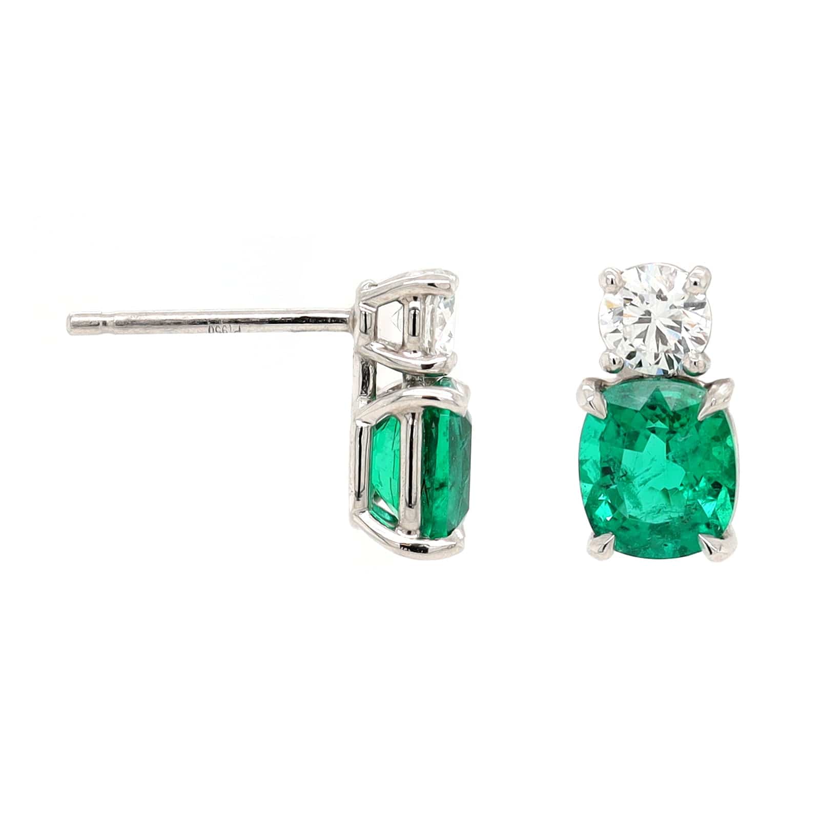 Platinum 2 Stone Oval Emerald & Round Diamond Studs - Image 3