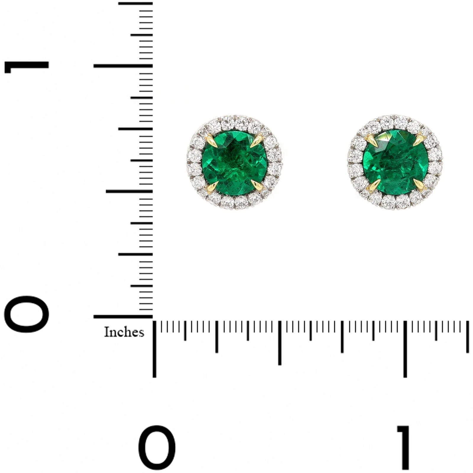 Platinum and 18K Yellow Gold Round Emerald & Diamond Halo Studs - Image 2