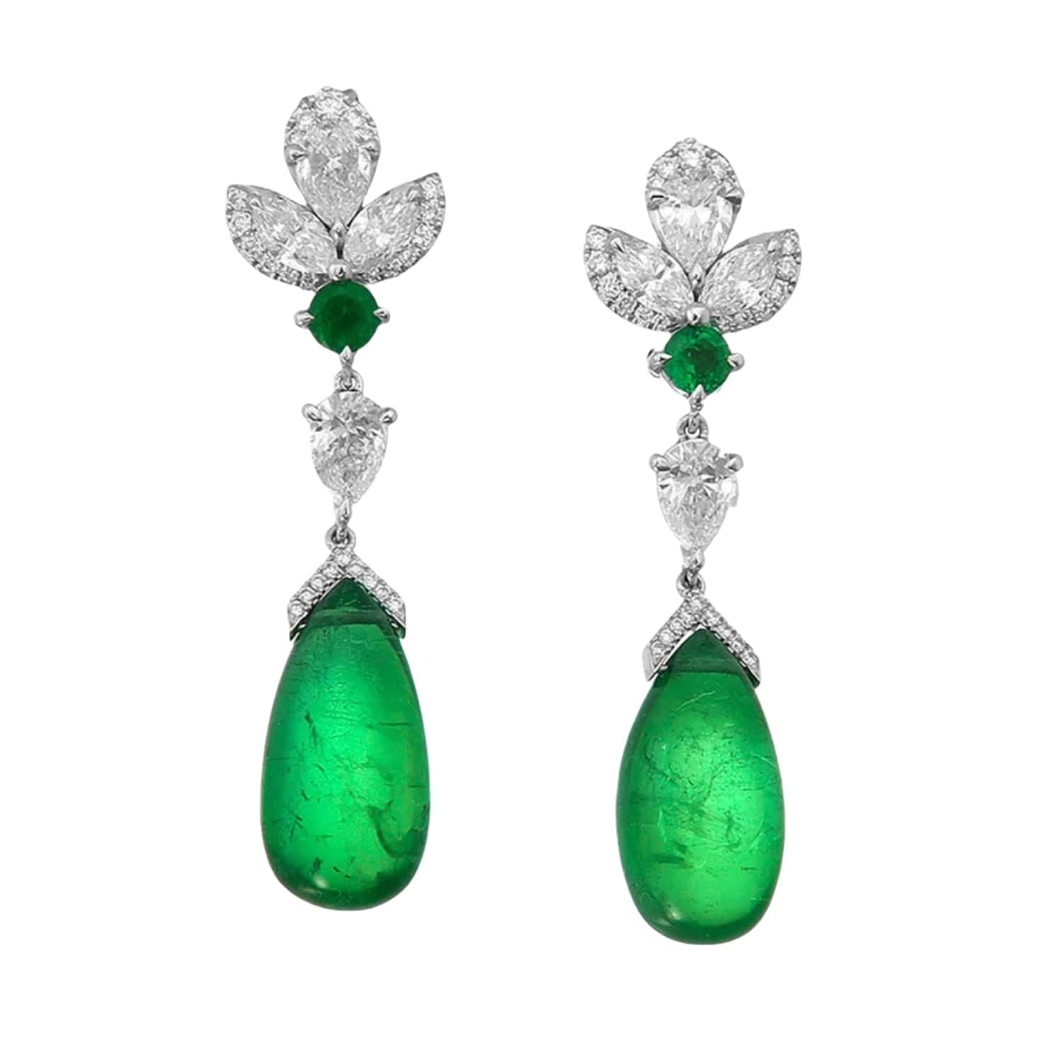 18K White Gold Cabochon Emerald and Diamond Drop Earrings