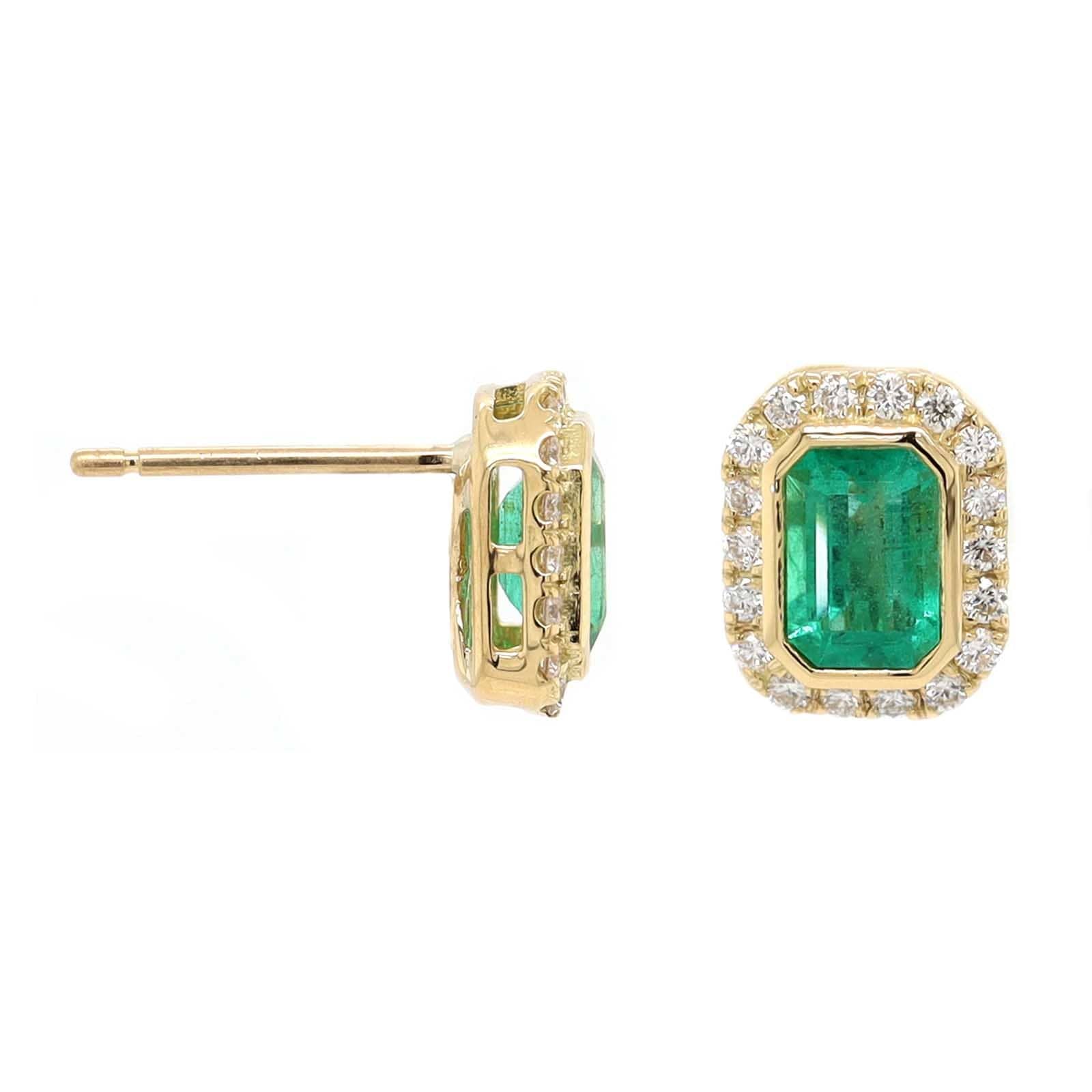 18K Yellow Gold Emerald and Diamond Halo Stud Earrings