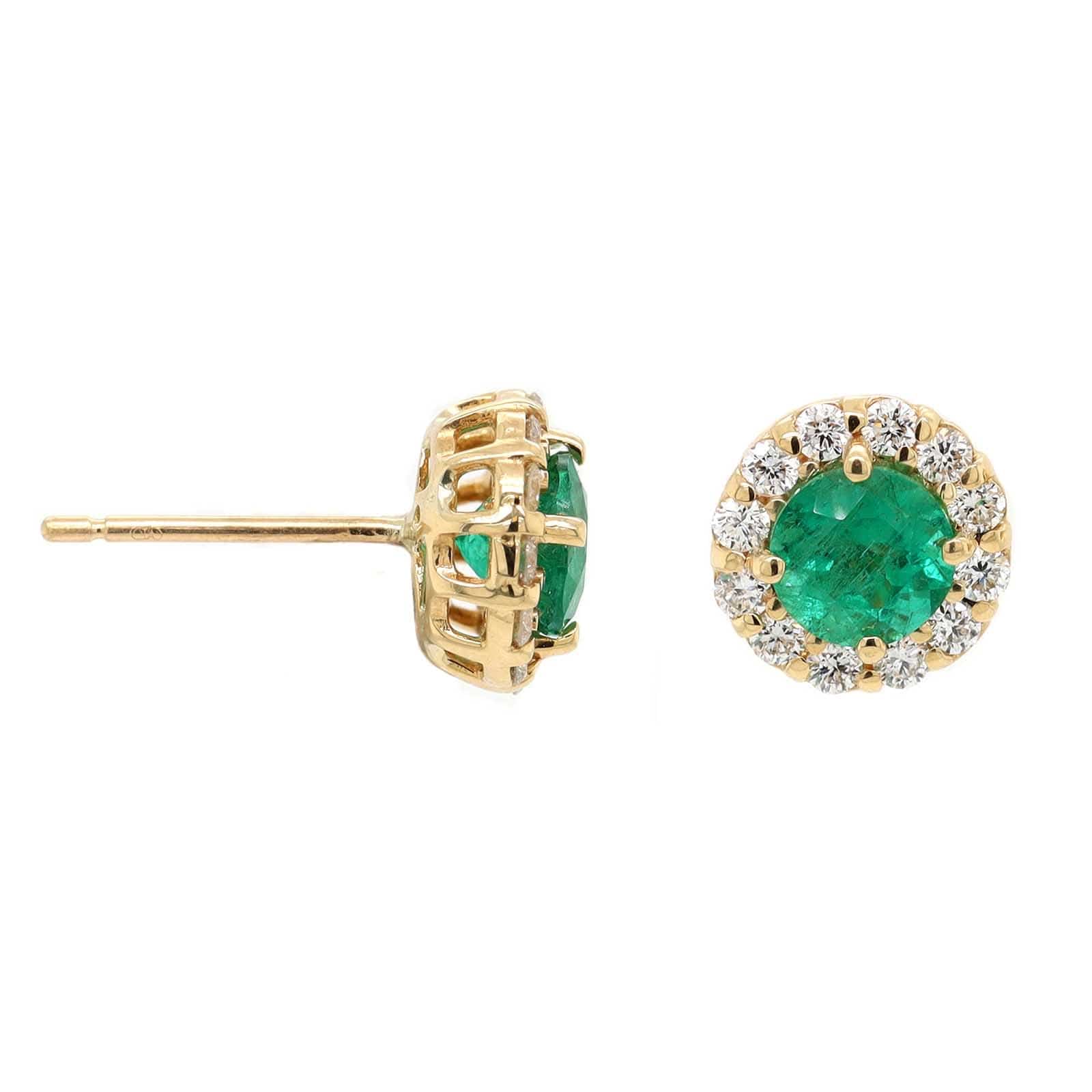 18K Yellow Gold Round Emerald and Diamond Halo Stud Earrings