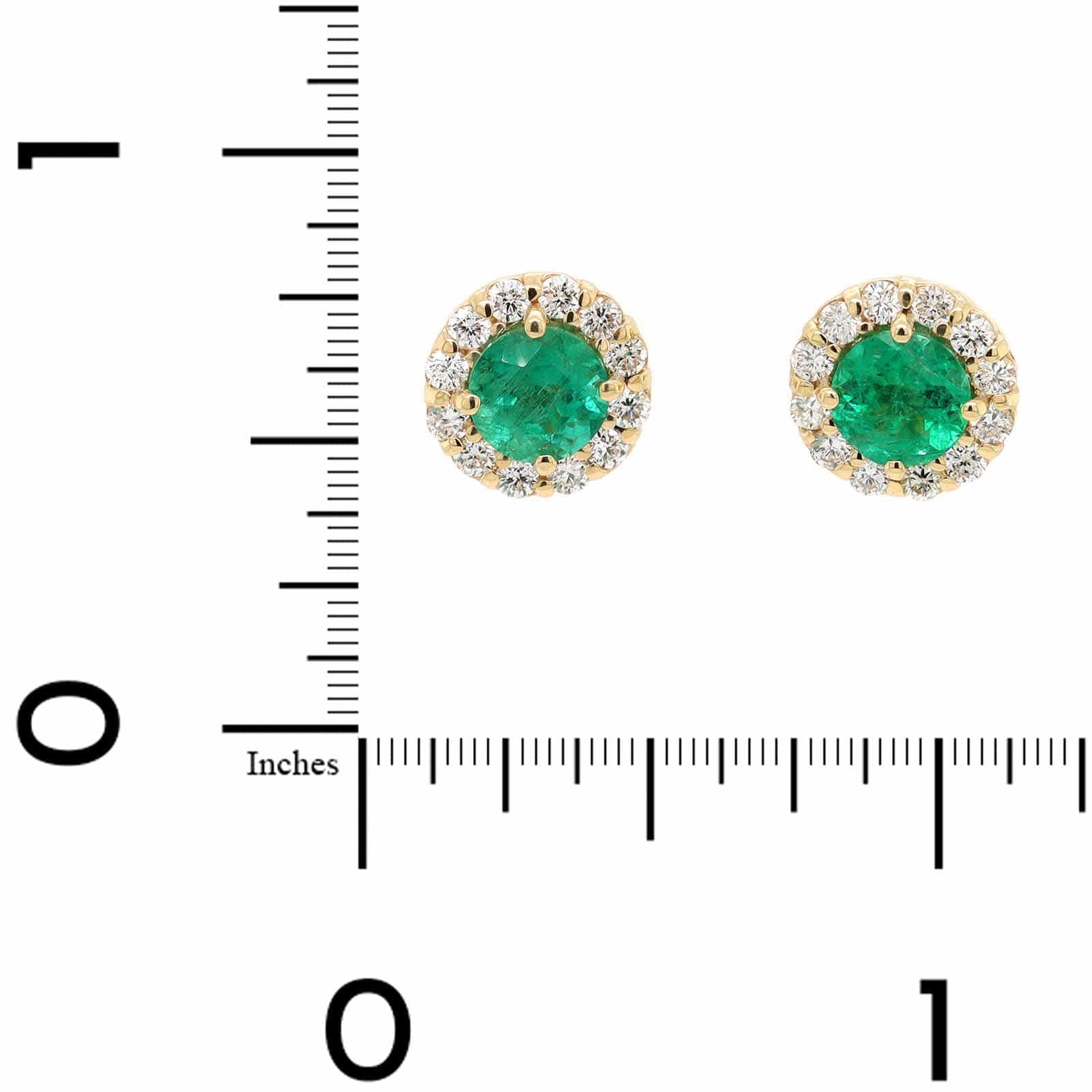 18K Yellow Gold Round Emerald and Diamond Halo Stud Earrings - Image 2