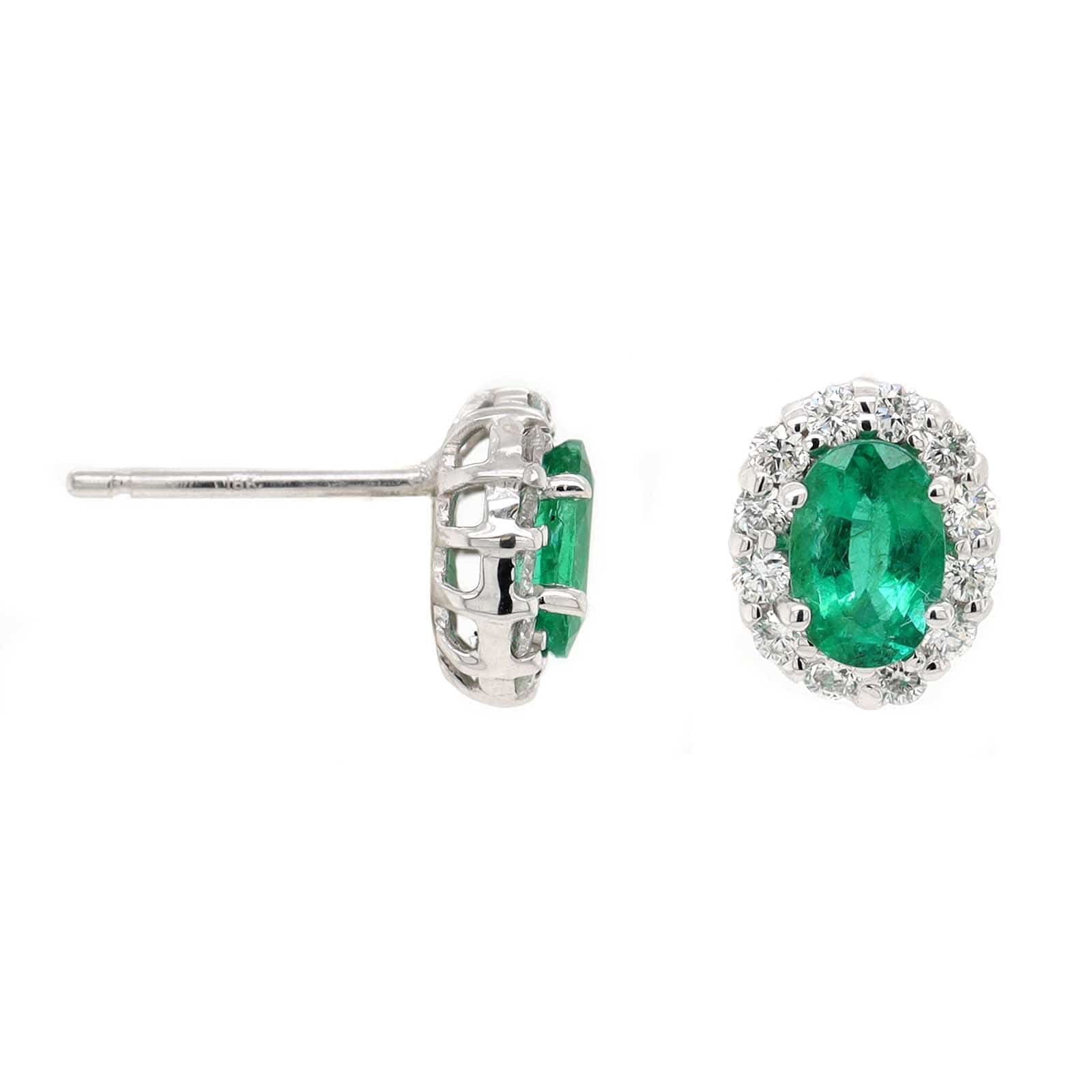 18K White Gold Oval Emerald and Diamond Halo Stud Earrings