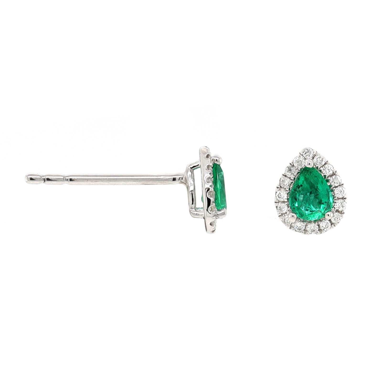 14K White Gold Pear Shaped Emerald and Diamond Halo Stud Earrings