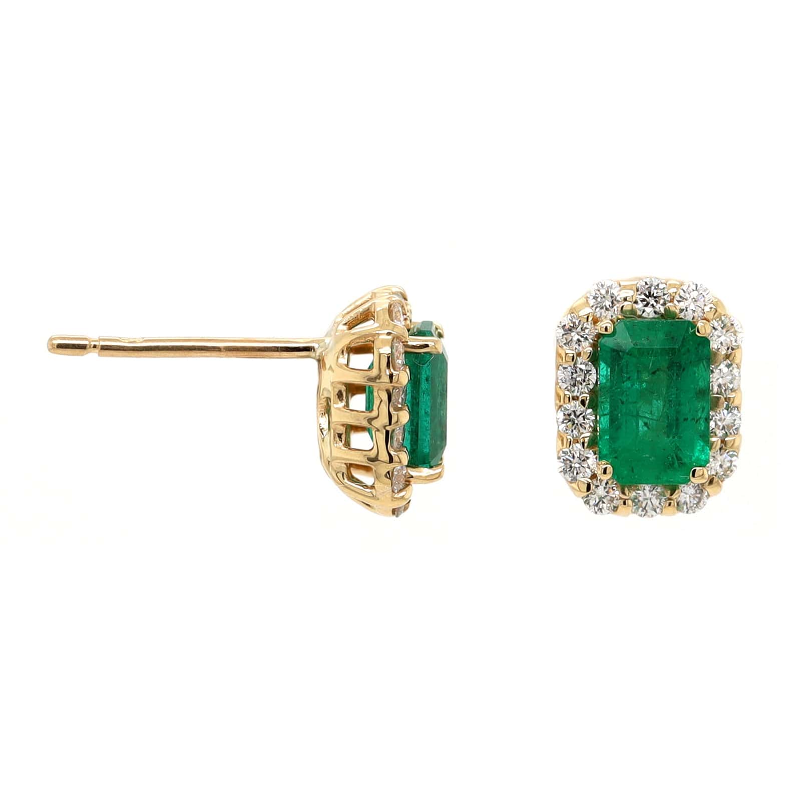 18K Yellow Gold Emerald and Diamond Halo Stud Earrings