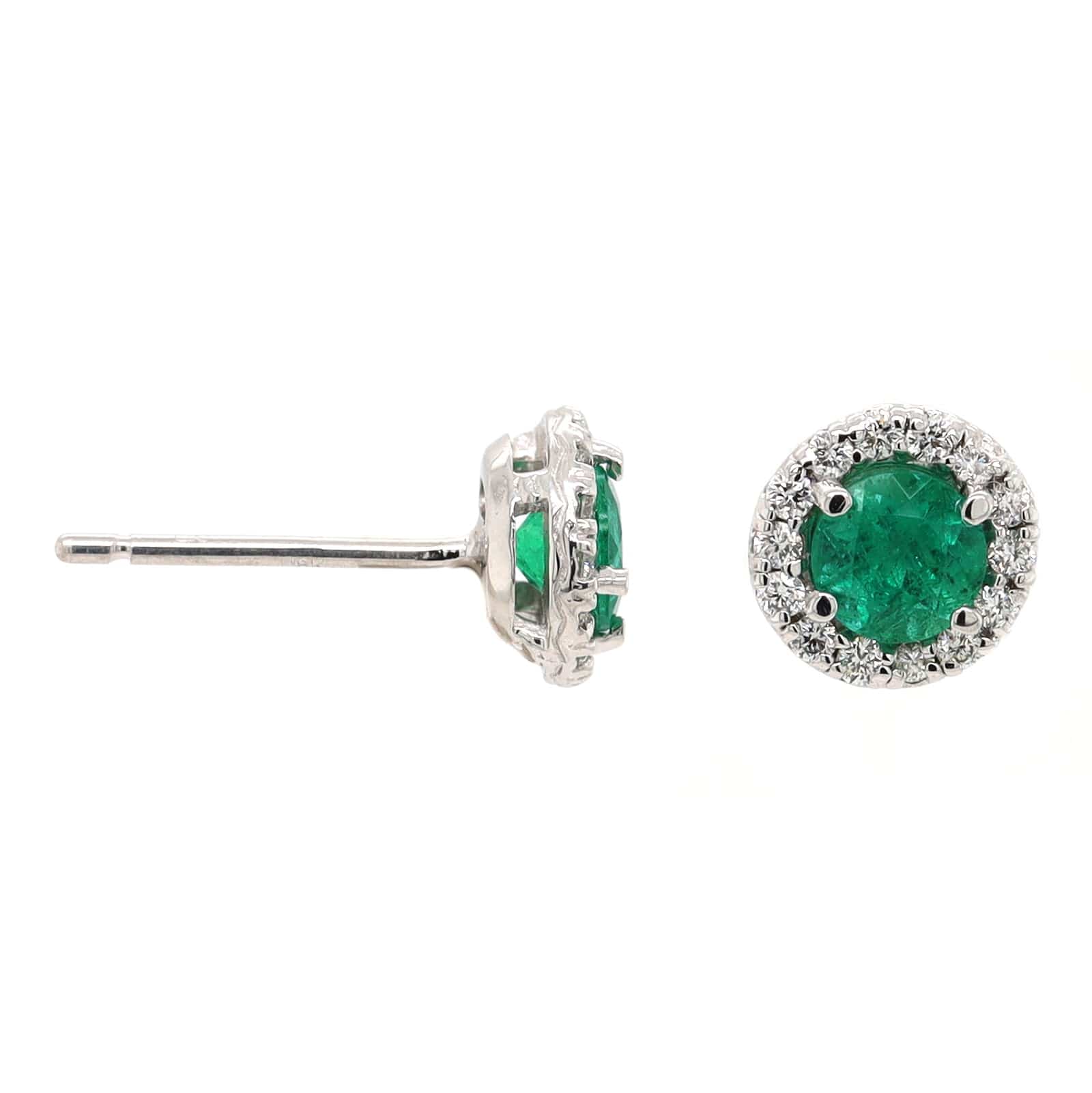 18K White Gold Round Emerald and Diamond Halo Stud Earrings