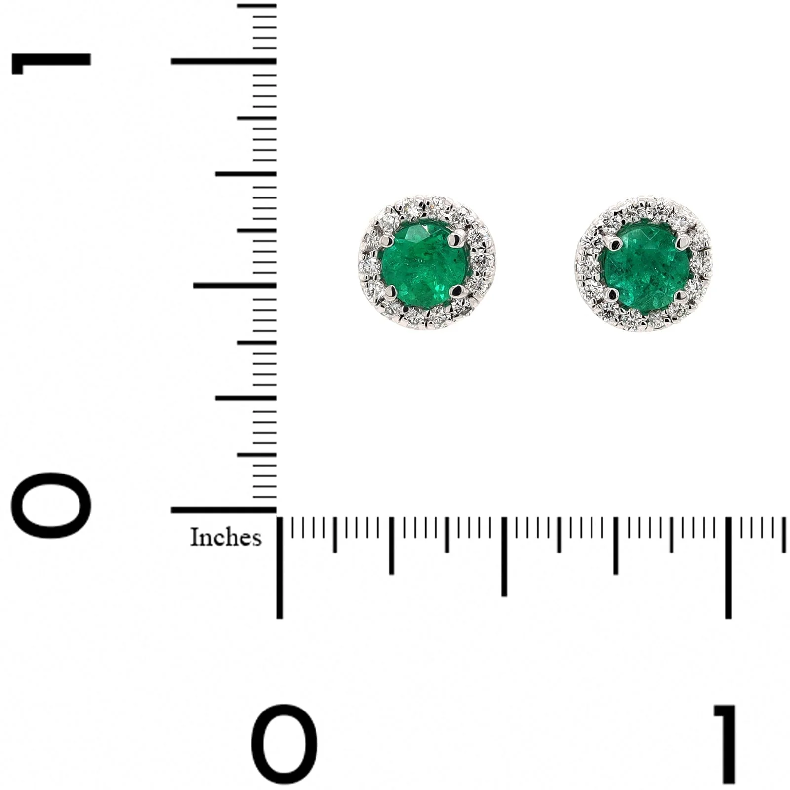 18K White Gold Round Emerald and Diamond Halo Stud Earrings - Image 2
