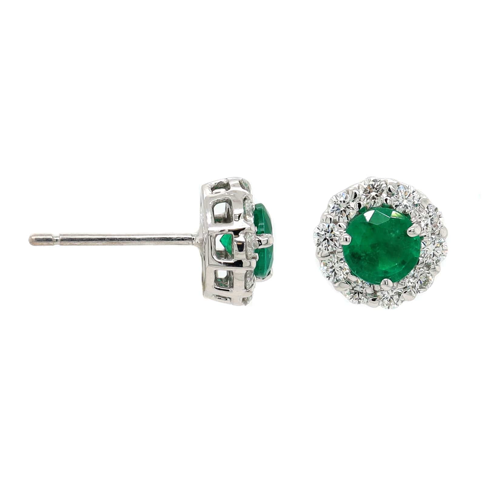 18K White Gold Round Emerald and Diamond Halo Stud Earrings