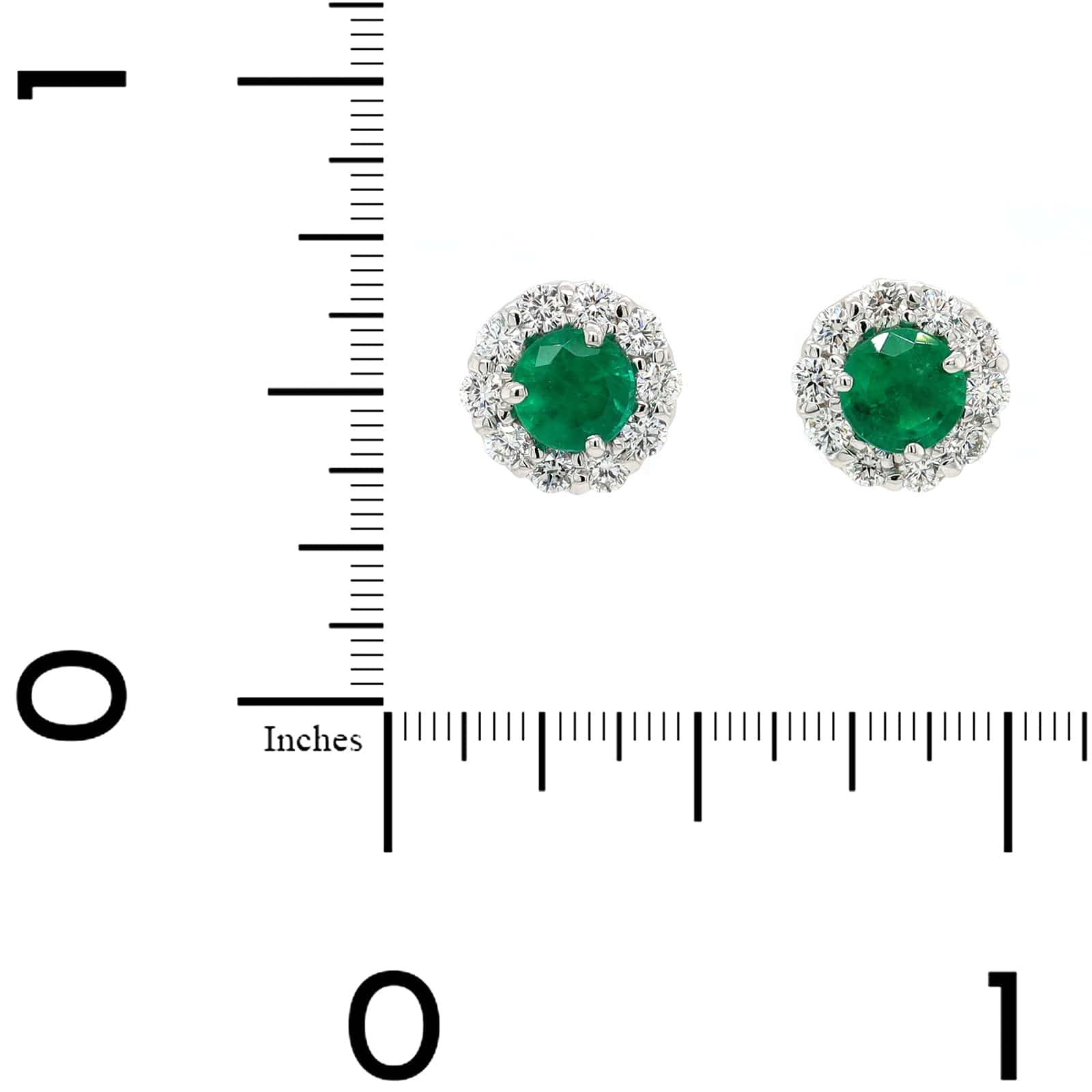 18K White Gold Round Emerald and Diamond Halo Stud Earrings - Image 2
