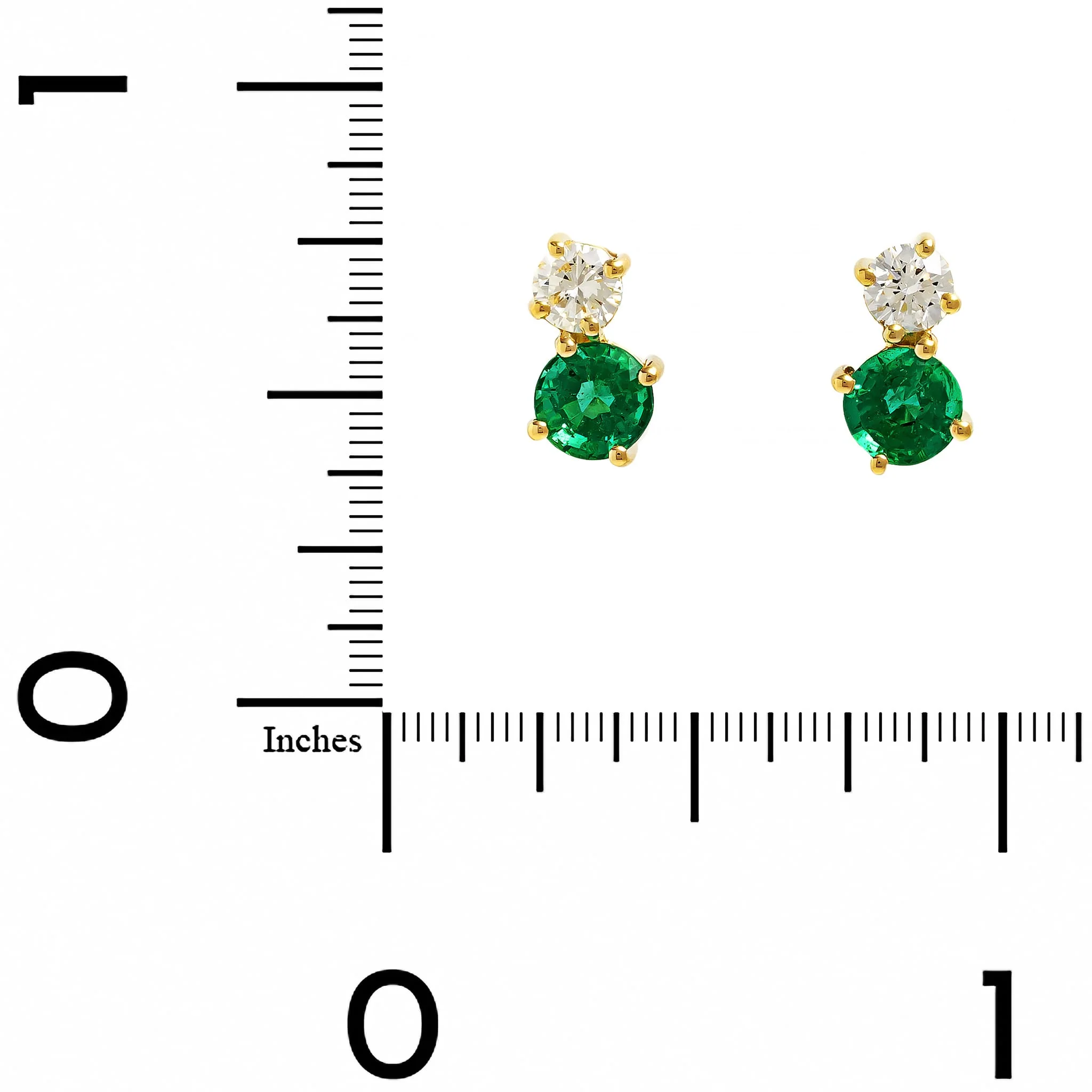 18K Yellow Gold 2 Stone Diamond and Emerald Stud Earrings - Image 2