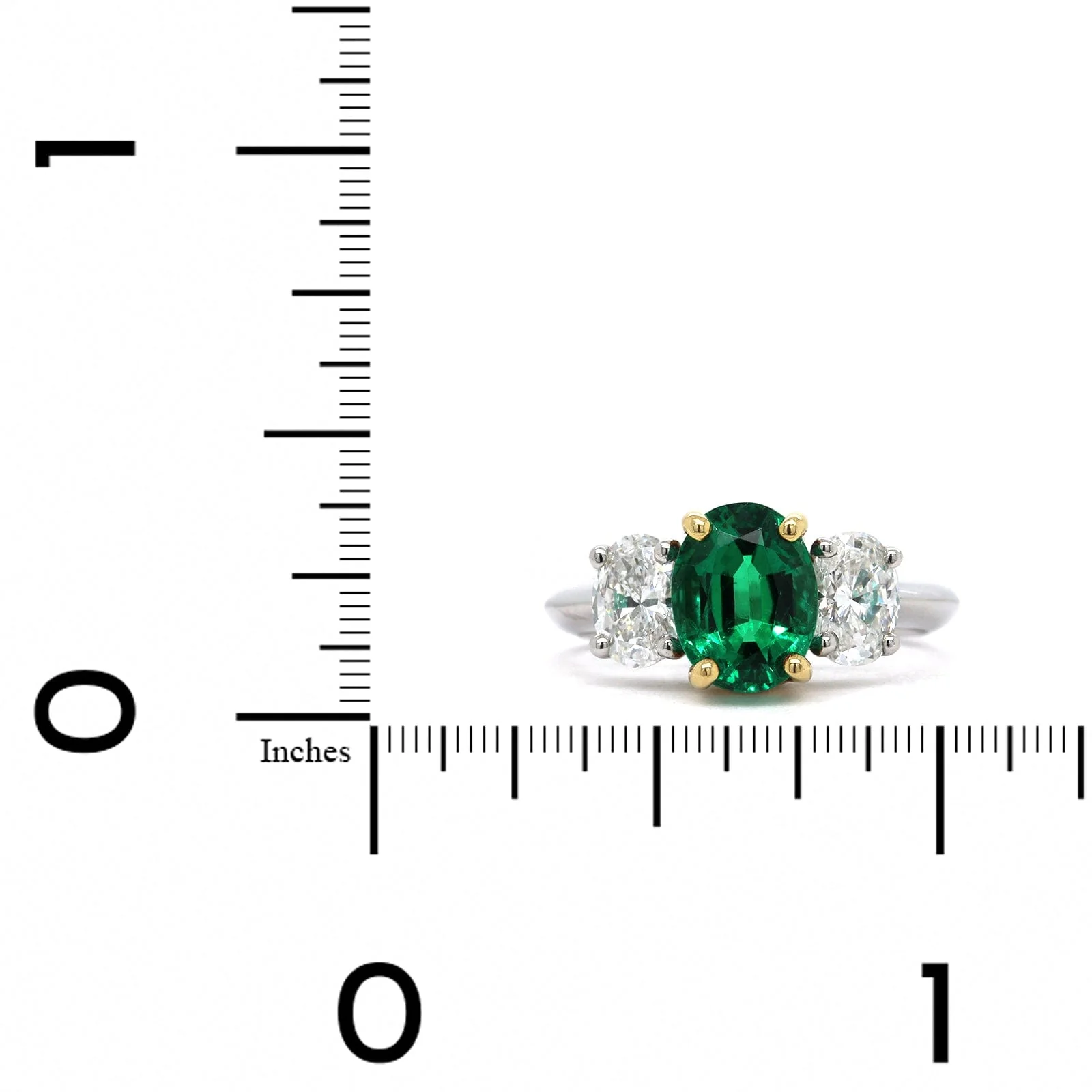 Platinum Oval Emerald and Diamond 3 Stone Ring - Image 3