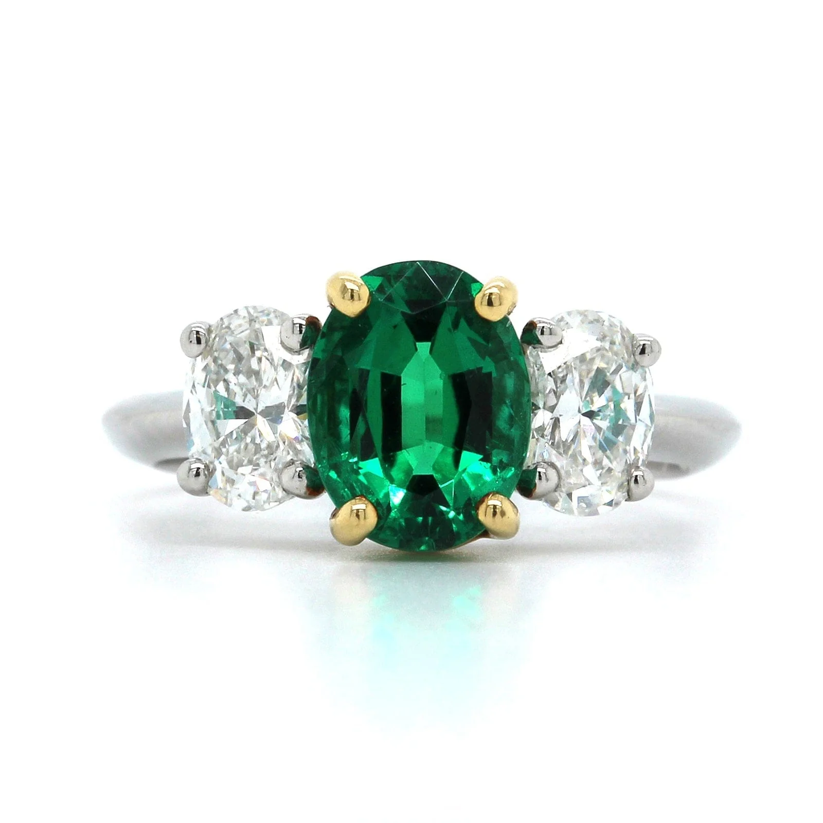 Platinum Oval Emerald and Diamond 3 Stone Ring - Image 4