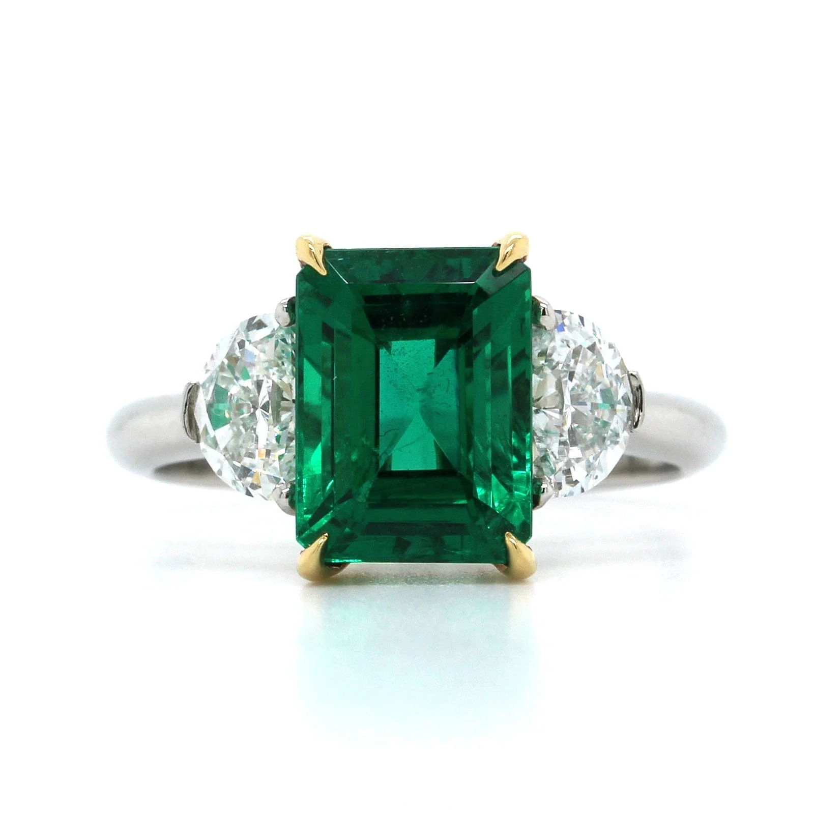 Platinum Emerald Cut Emerald and Diamond 3 Stone Ring