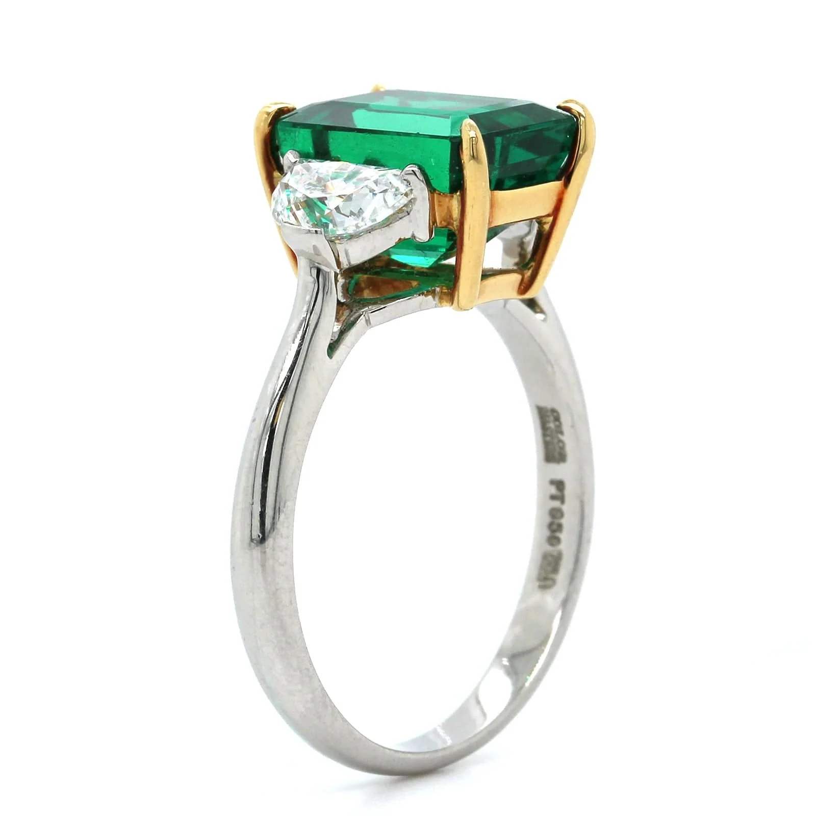 Platinum Emerald Cut Emerald and Diamond 3 Stone Ring - Image 2