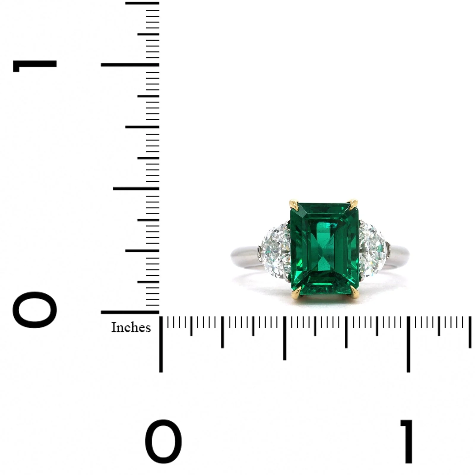 Platinum Emerald Cut Emerald and Diamond 3 Stone Ring - Image 3