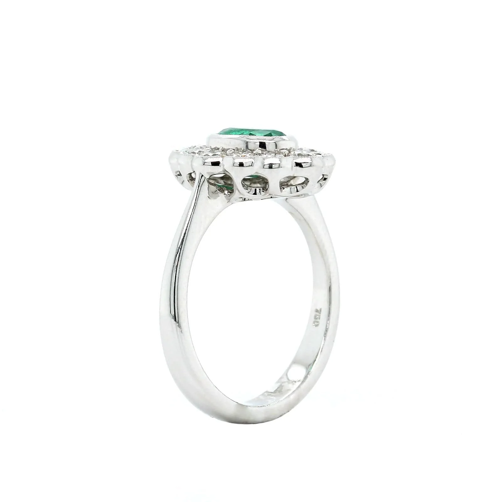18K White Gold Oval Emerald Diamond Halo with Milgrain Ring - Image 2