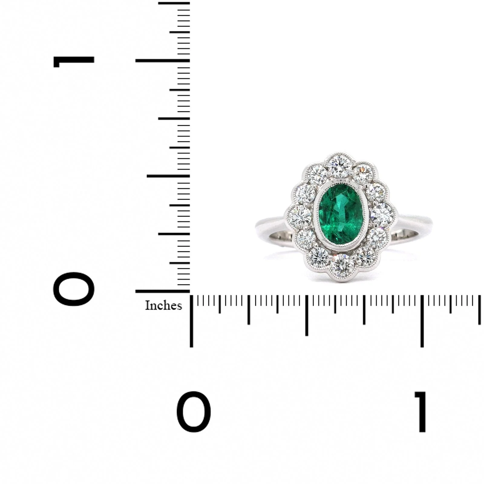 18K White Gold Oval Emerald Diamond Halo with Milgrain Ring - Image 3