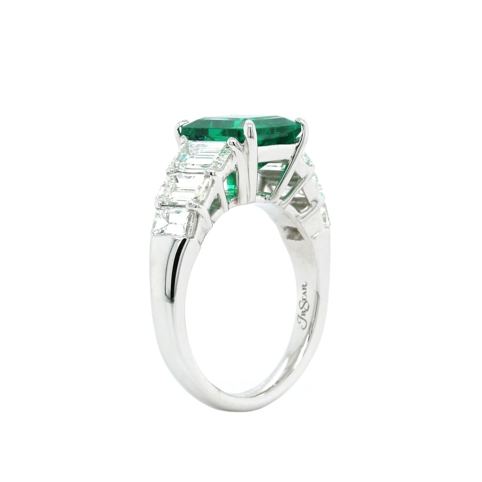 Platinum Emerald Ring with Emerald Cut Diamond Sides - Image 3