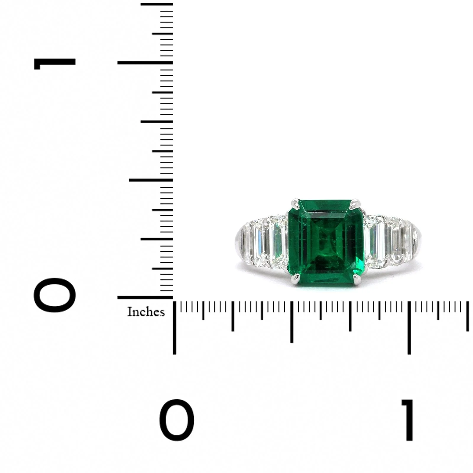 Platinum Emerald Ring with Emerald Cut Diamond Sides - Image 4