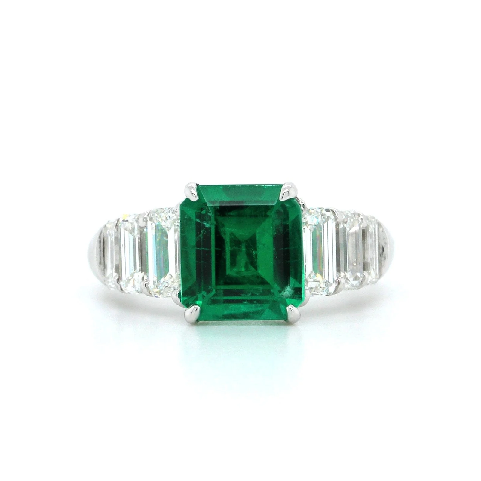 Platinum Emerald Ring with Emerald Cut Diamond Sides - Image 5
