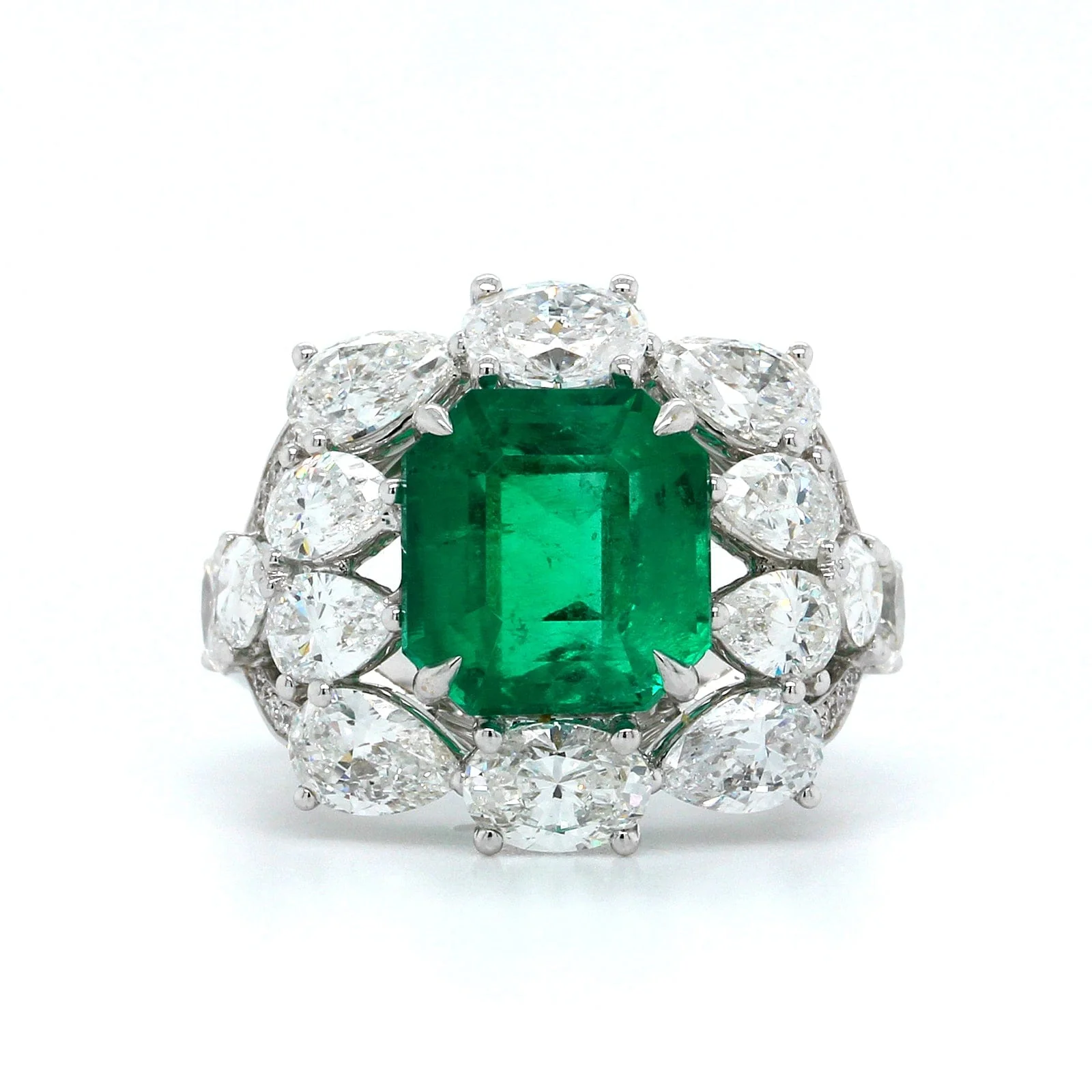 18K White Gold Natural Emerald and Diamond Ring