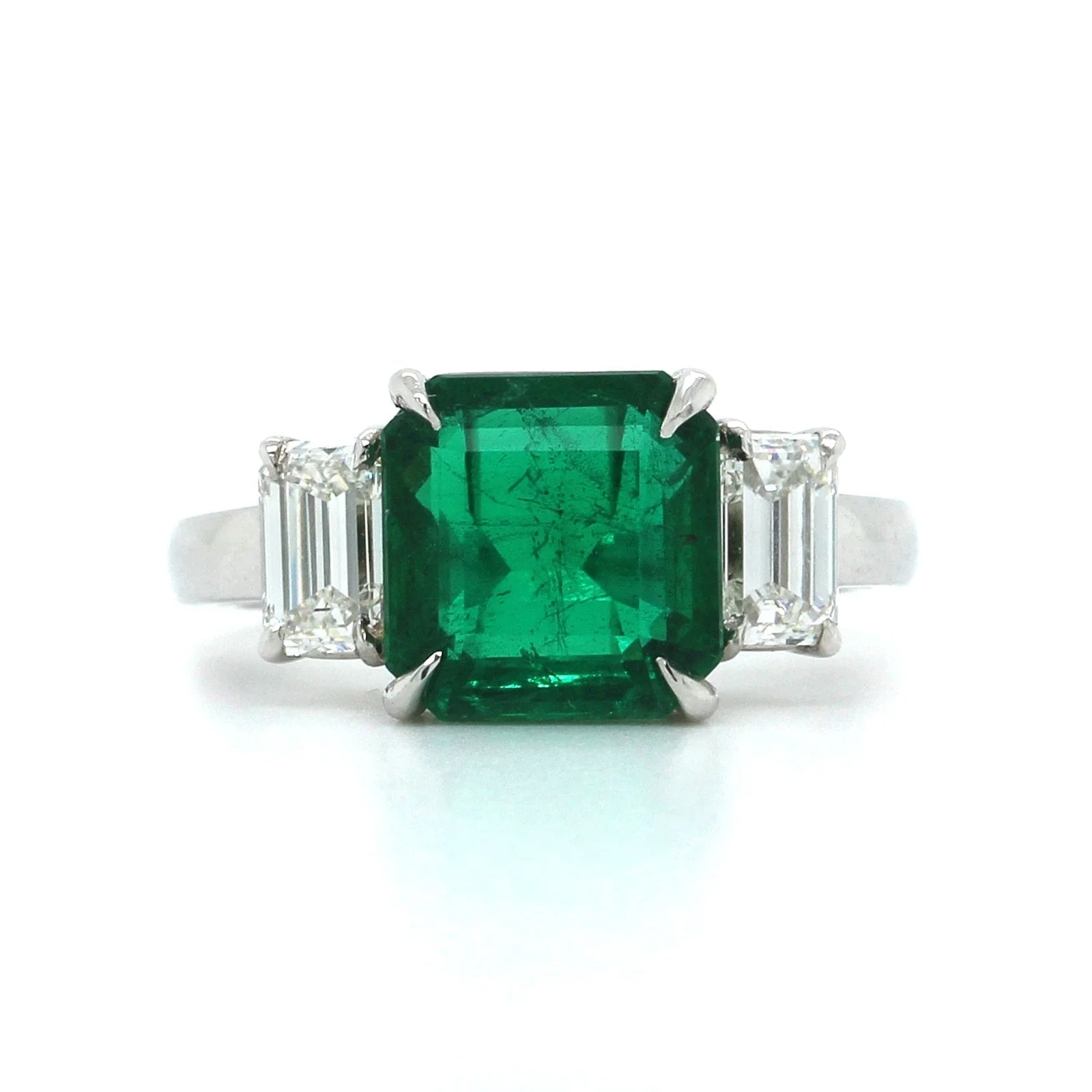 Platinum Emerald Diamond 3 Stone Ring