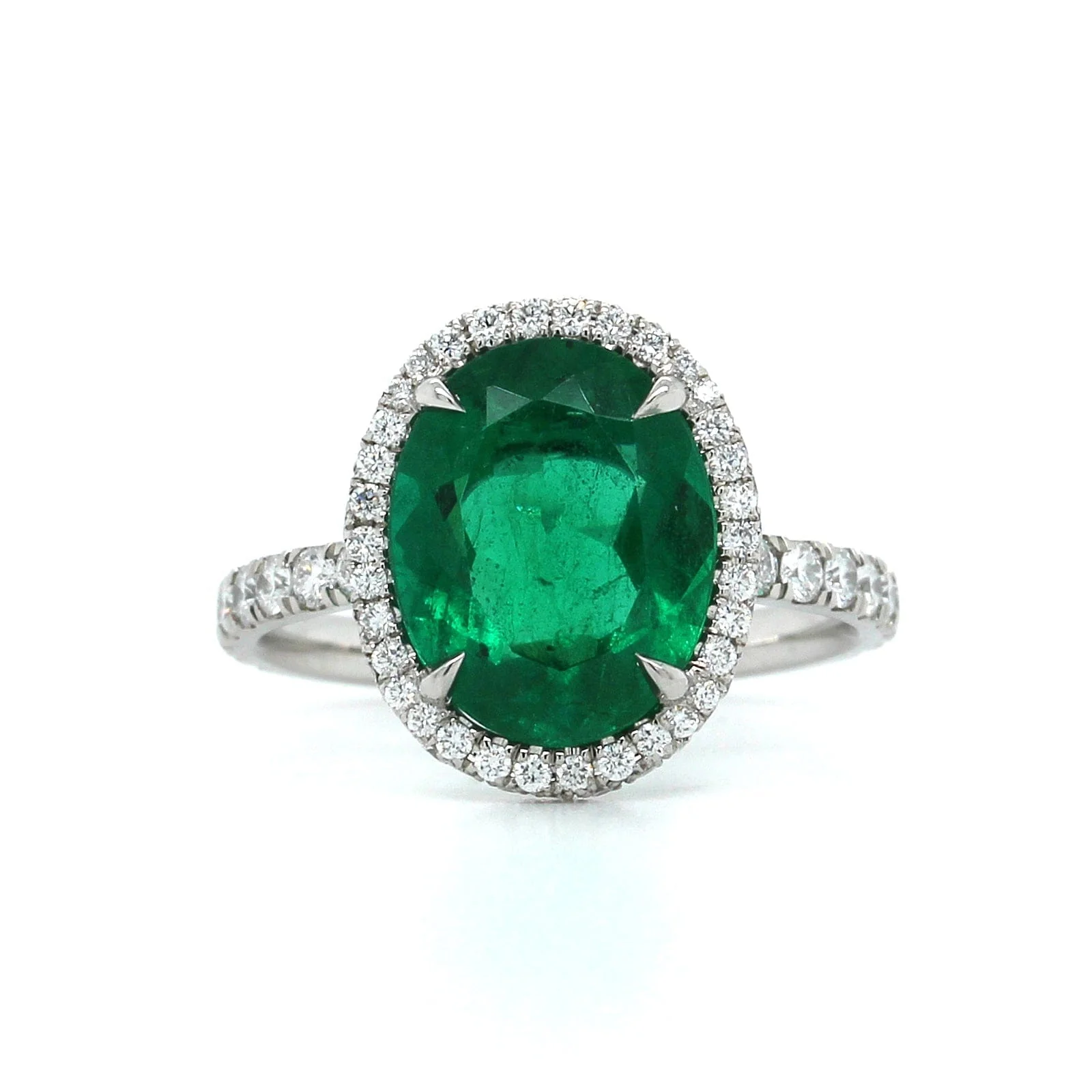Platinum Oval Emerald Diamond Halo Ring - Image 4