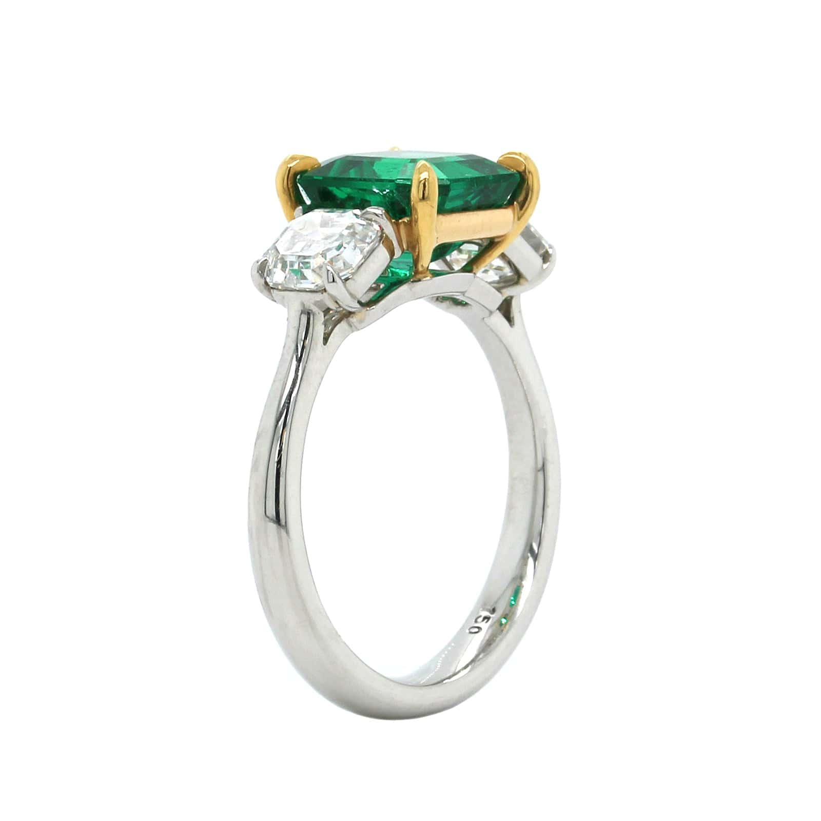 Platinum and 18K Yellow Gold 3 Stone Emerald Diamond Ring - Image 2